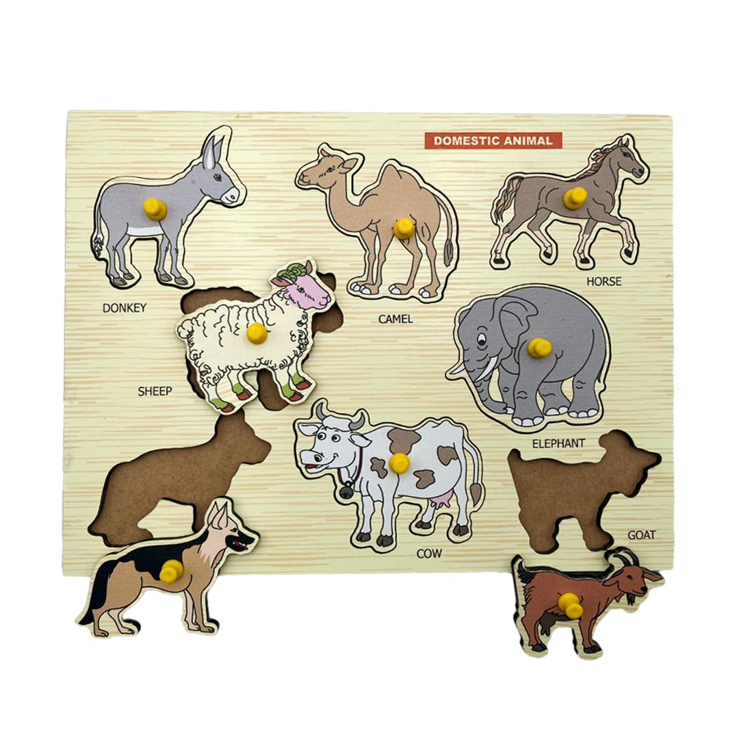 Little Genius Wooden Domestic Animals Puzzle Tray with Knobs - Montessori Learning Toy for Toddlers 1-3 Years | Farm Animal Matching Game for Preschool Education & Early Childhood Development | Perfect for Daycare, Homeschooling & Sensory Play
