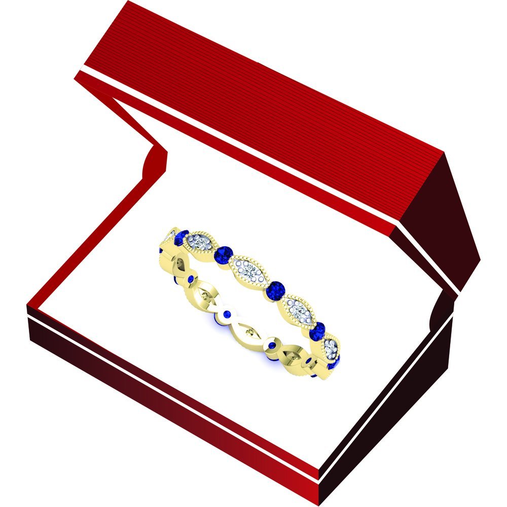 10K Solid Gold Round Blue Sapphire & White Diamond Women's Wedding Eternity Band Stackable Ring - Elegant Bridal Jewelry for Anniversary, Engagement & Stackable Ring Sets