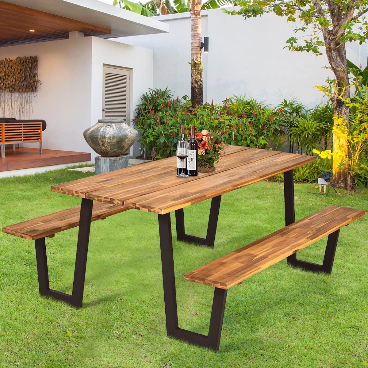Giantex 6 or 8 Person Acacia Wood Outdoor Picnic Table Bench Set - 70.5