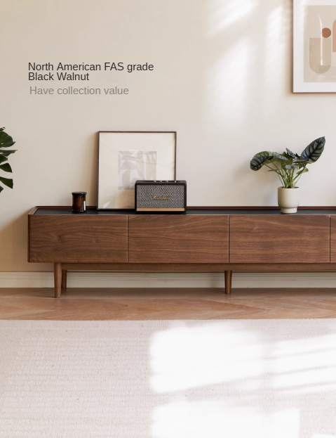 Modern Black Walnut Solid Wood TV Stand with Slate Top - Perfect for Living Room, Home Theater & Entertainment Center Storage