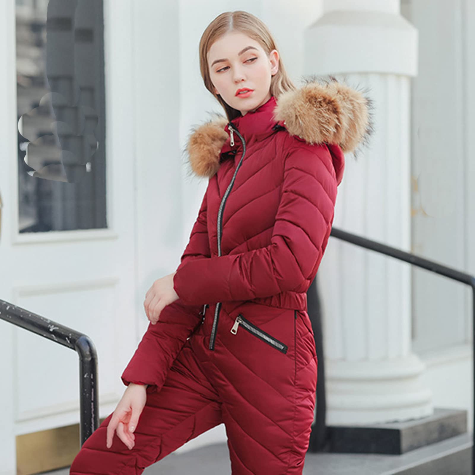 Women's Winter Jumpsuit - Lightweight Warm Windproof Ski Suit with Fur Hood & Collar - Waterproof Snow Coat for Skiing, Snowboarding & Outdoor Winter Activities