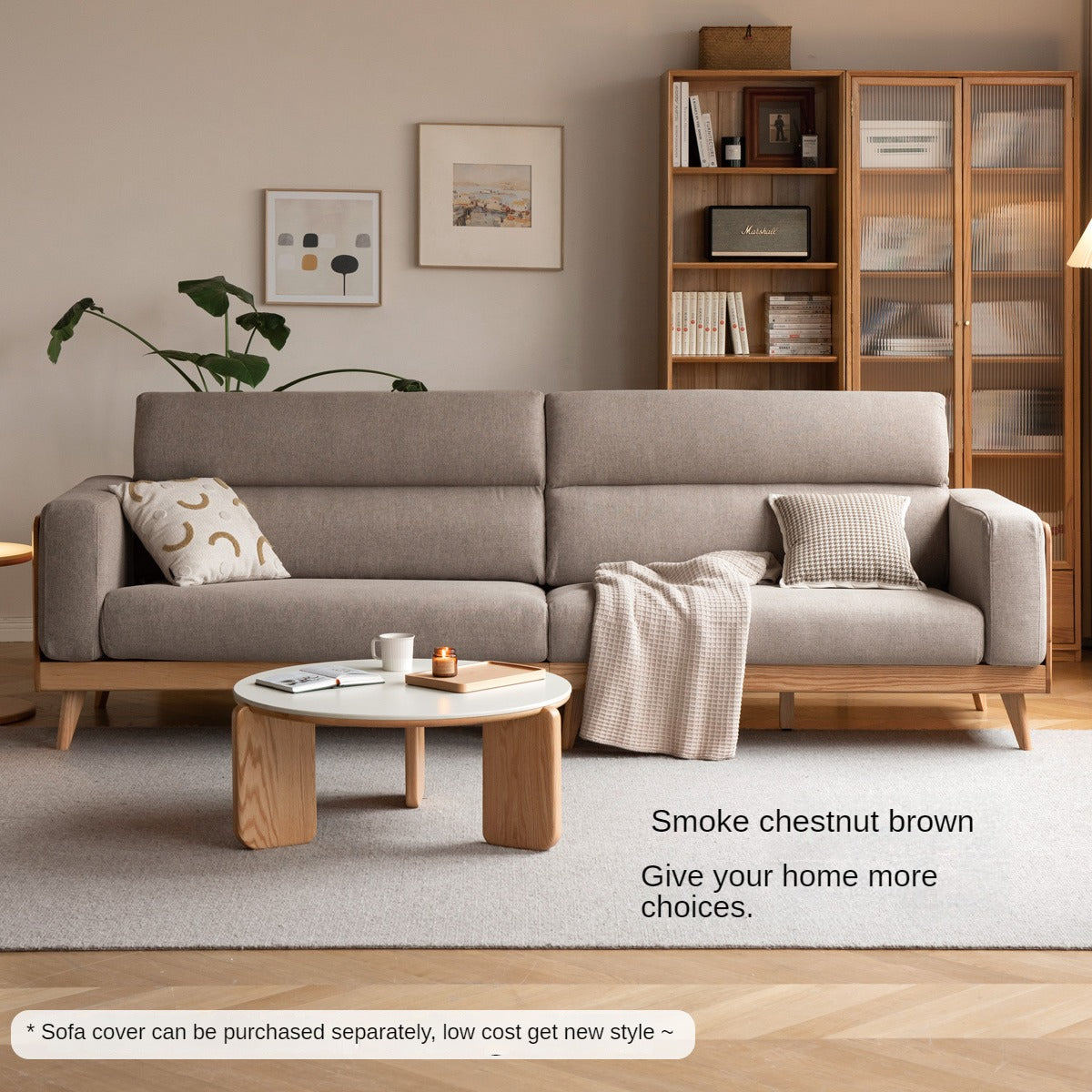 Modern Oak Solid Wood Upholstered Fabric Sofa - Stylish & Durable Living Room Furniture for Home, Office, or Lounge