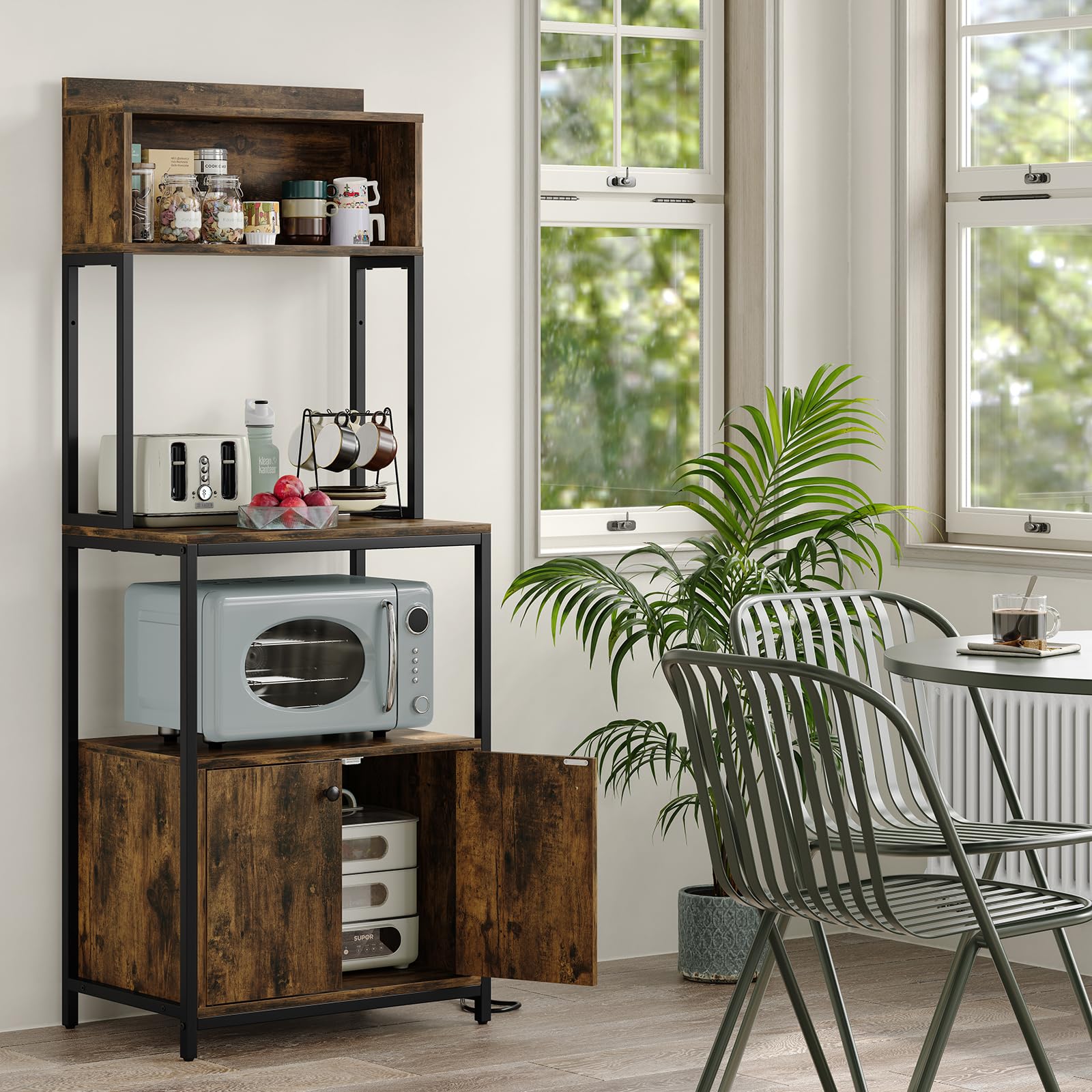 Industrial 5-Tier Kitchen Bakers Rack with Power Outlet & Storage - Rustic Brown for Coffee Bar & Microwave Stand
