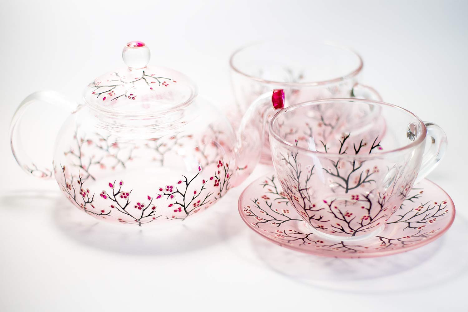 Elegant Hand-Painted Cherry Blossom Teapot Set with Cups & Saucers - Japanese Style Luxury Tea Accessories for Women, Mothers Day Gift, Tea Party & Home Decor