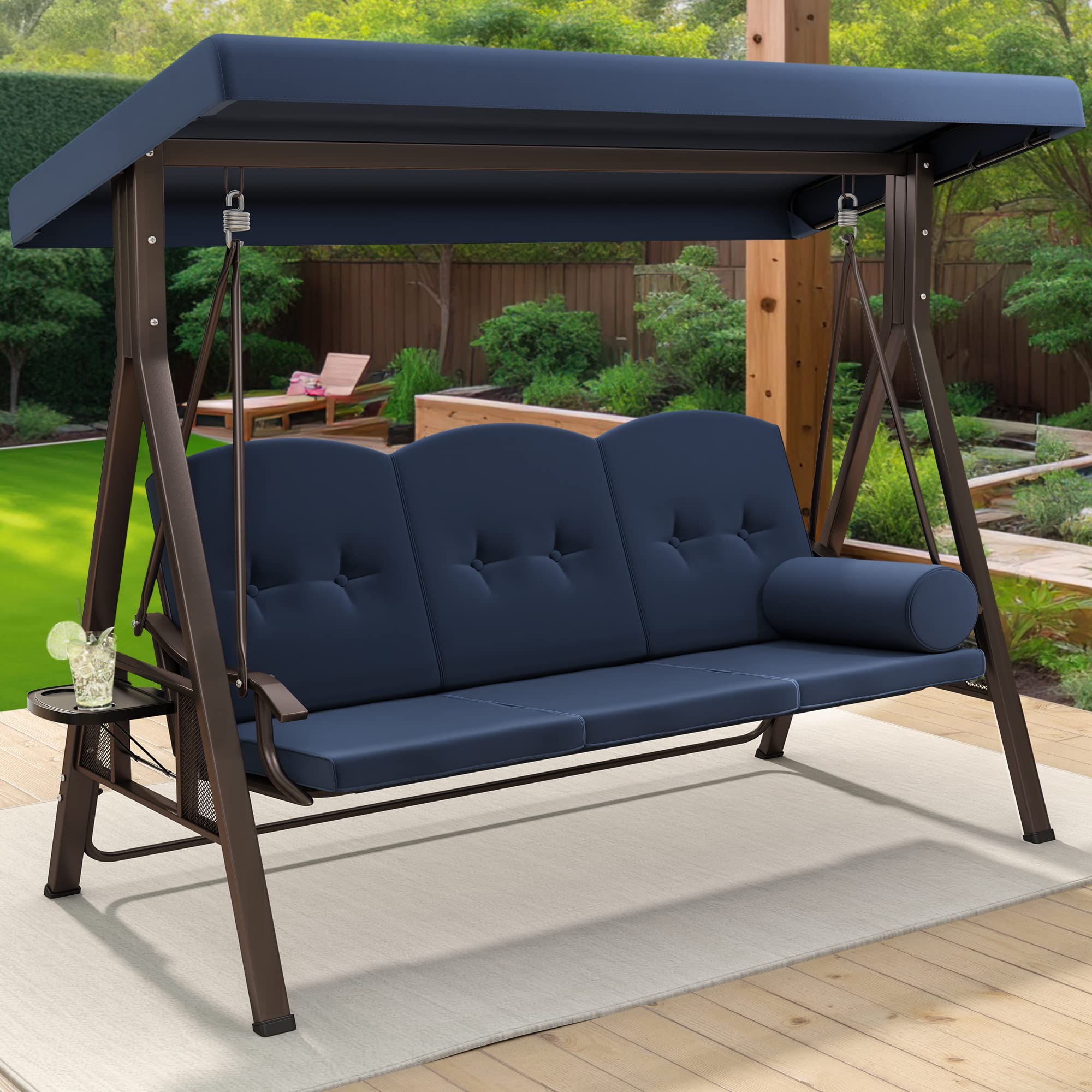 YITAHOME 3-Seat Heavy Duty Outdoor Porch Swing with Adjustable Canopy & Removable Cushions - Weather Resistant Steel Frame Patio Swing Chair for Garden, Backyard, Balcony, Deck (Navy Blue) - Perfect for Relaxing, Lounging & Enjoying Summer Breezes