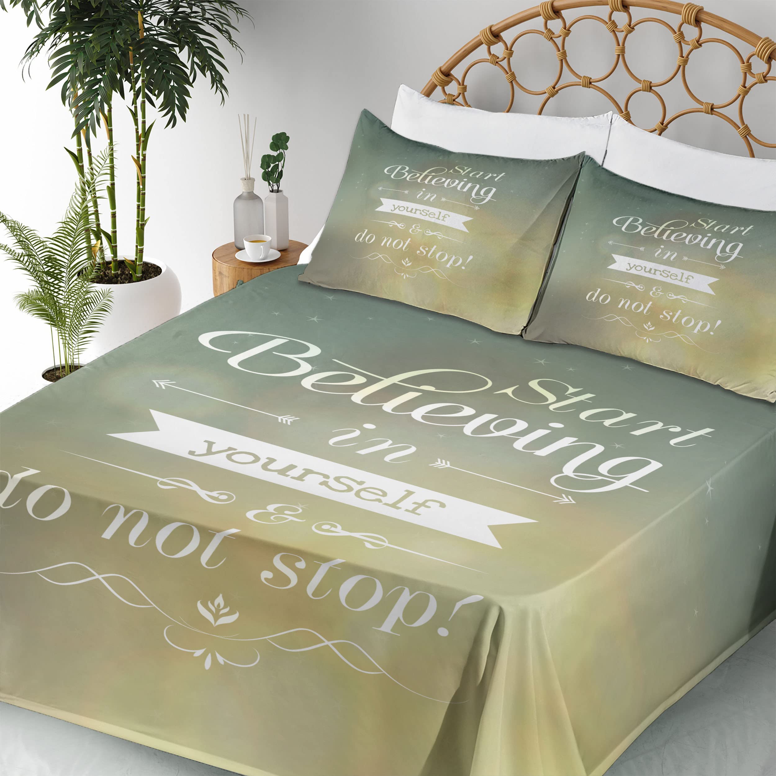 Ambesonne Motivational Sheet Set - 'Start Believing in Yourself' Typographic Design, 4-Piece King Size Bedding Set with Fitted Sheet, Flat Sheet & Pillowcases in Teal & Yellow - Perfect for Home Decor, Guest Rooms & Inspirational Bedroom Makeovers