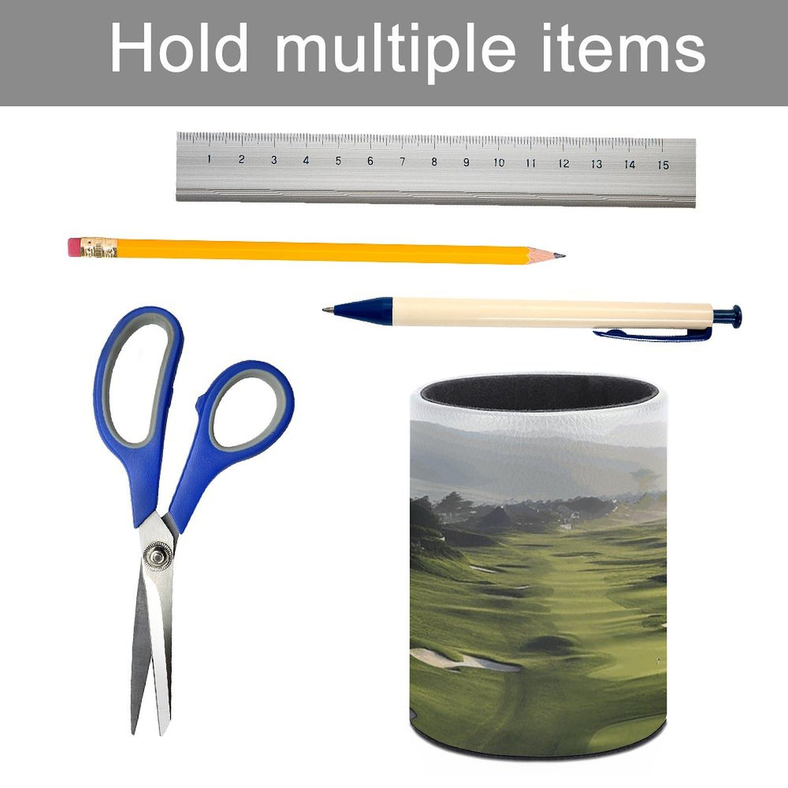 Acrylic Pen Holder with Seaside Golf Course Print - Round Office Desk Organizer for Pens & Pencils | Perfect for Home, Office, and Golf Lover's Workspace