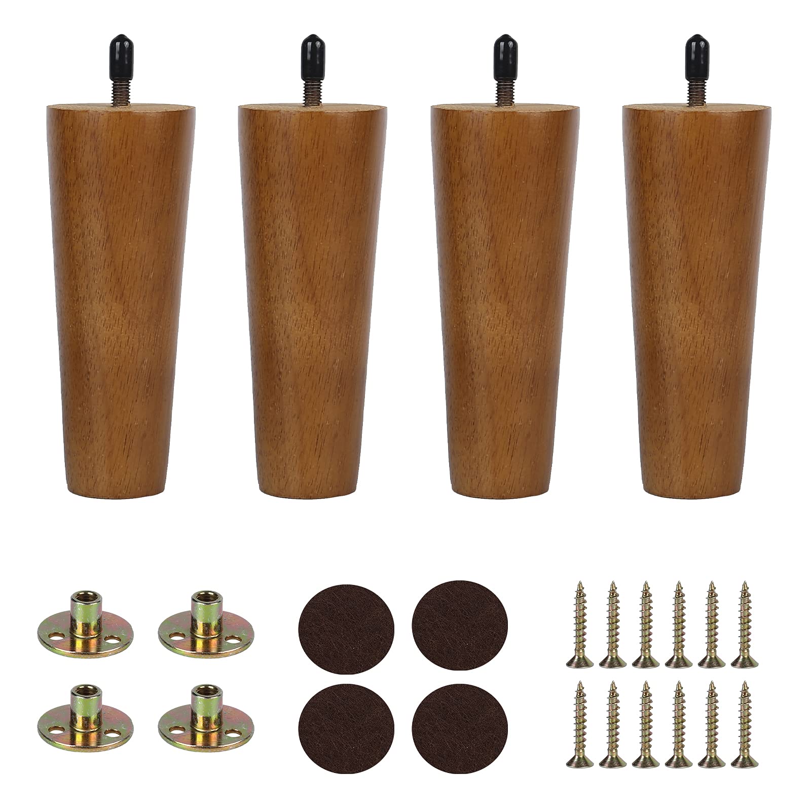 MEETWARM 6 Inch Round Tapered Wood Sofa Legs - Set of 4 Mid-Century Modern Replacement Furniture Legs for Couch, Armchair, Nightstand, Dresser, Cabinet - Walnut Finish - Perfect for Living Room, Bedroom & Home Office Decor