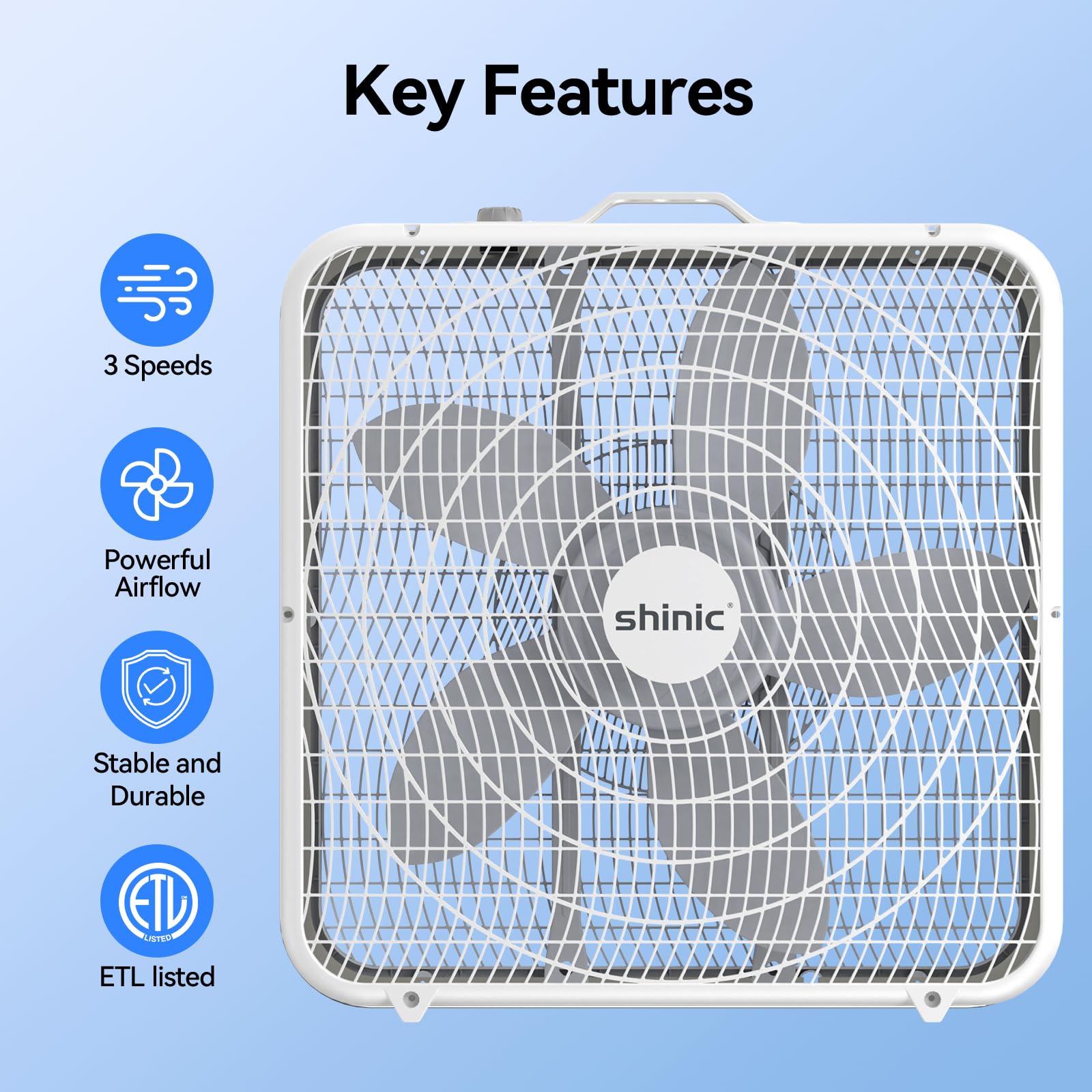 Shinic 20 Inch 3-Speed Box Fan with Safety Grills - Powerful Air Circulation Cooling Fan for Home, Garage & Workshop - Easy Carry Handle, White (2 Pack) - Perfect for Indoor Cooling, Ventilation & Airflow Improvement