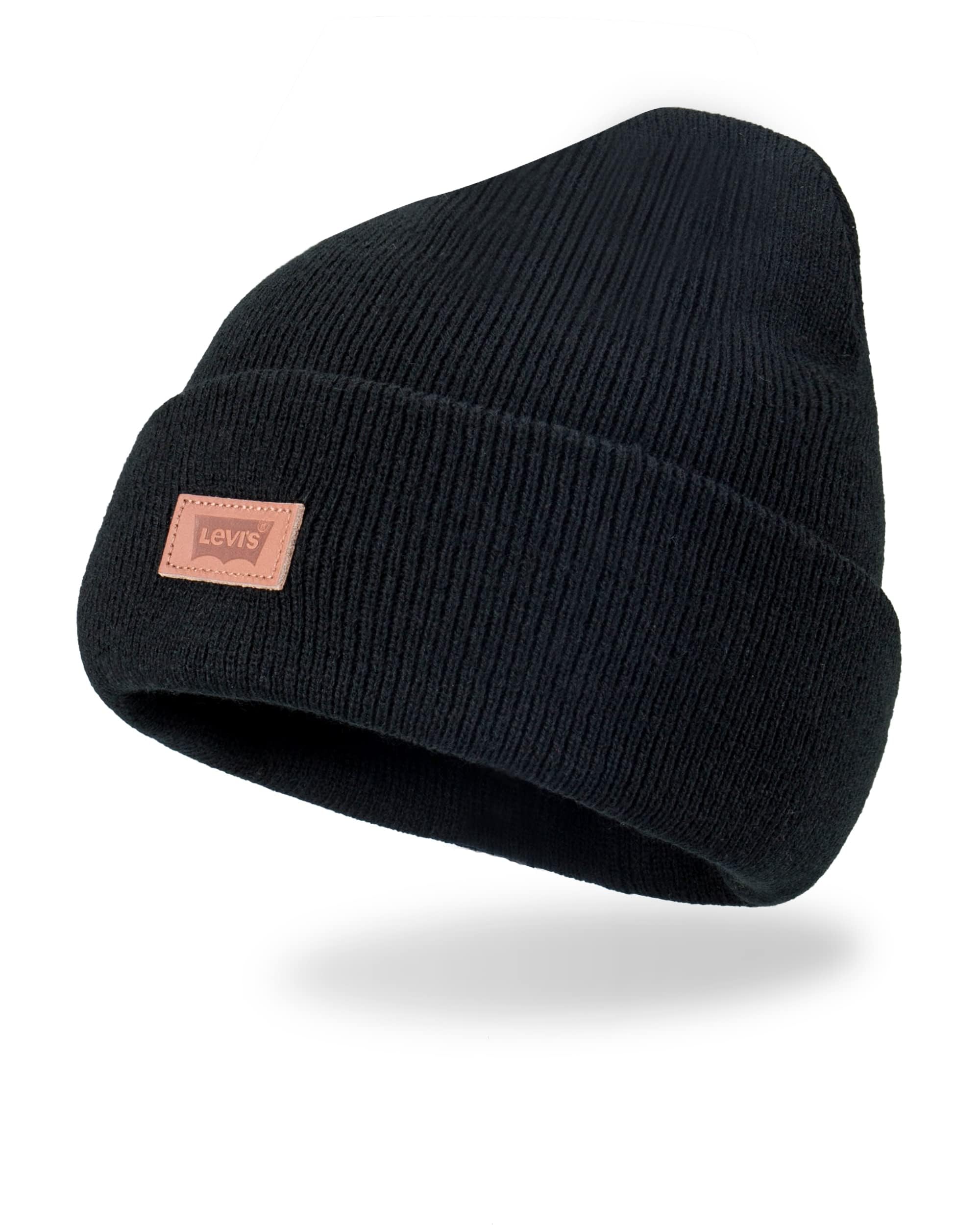 Levi's All Season Comfortable Leather Logo Patch Cuffed Hero Beanie - Warm Winter Hat for Men & Women, Outdoor Activities, Skiing, Snowboarding