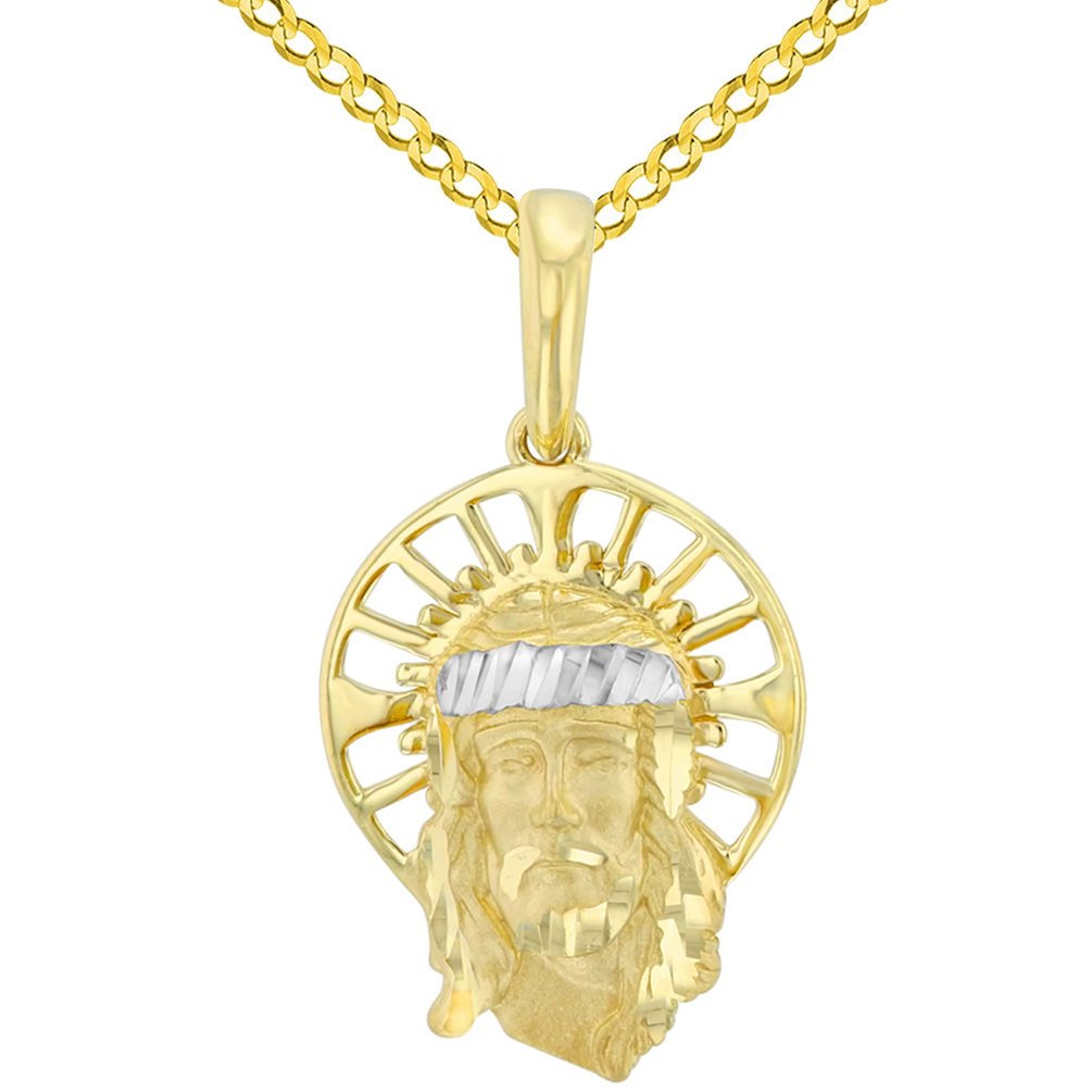 14K Yellow Gold Textured Halo Jesus Christ Pendant Necklace with Cuban Chain - Elegant Religious Jewelry for Church, Gifts & Everyday Wear