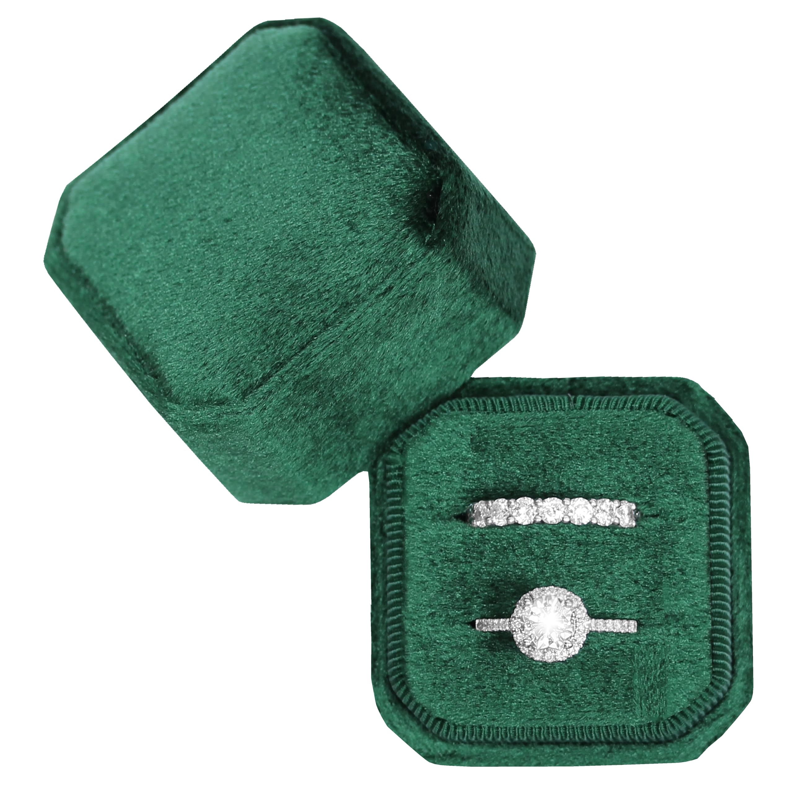 BLUTETE Square Octagon Ring Box with 2 Slots - Wedding Engagement Ring Set Keepsake Box, Bridal Jewelry Photo Gift Box (Dark Emerald) - Perfect for Proposals, Anniversaries & Bridal Showers