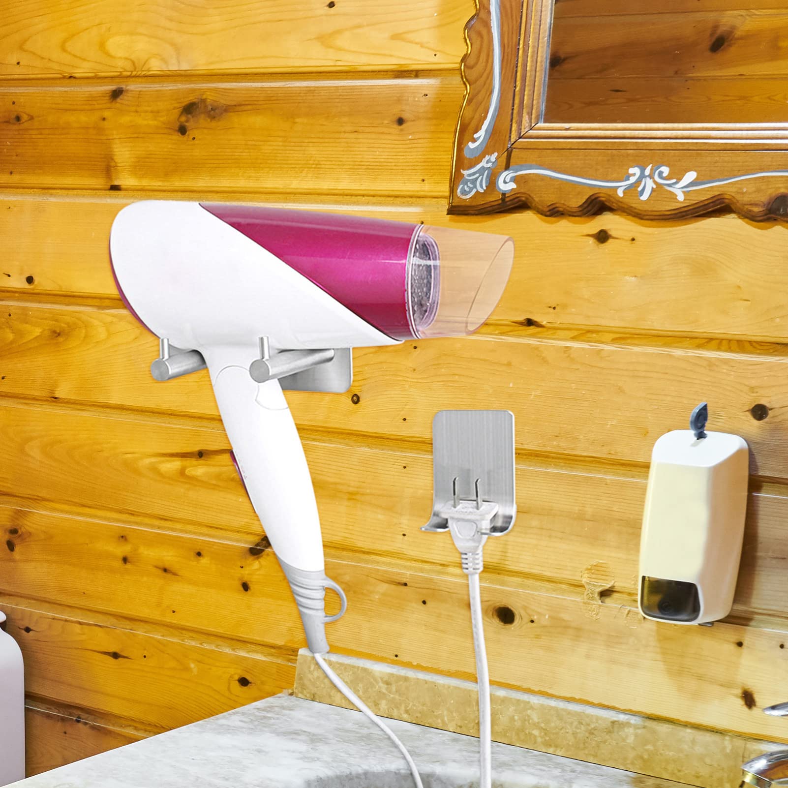 Cabilock 1 Set Stainless Steel Wall Mount Hair Dryer Holder & Towel Hook - 304 Stainless Steel Suction Cup Organizer for Blow Dryer, Curling Iron, Silverware & Kitchen Utensils - Perfect for Bathroom, Salon & Bedroom Organization