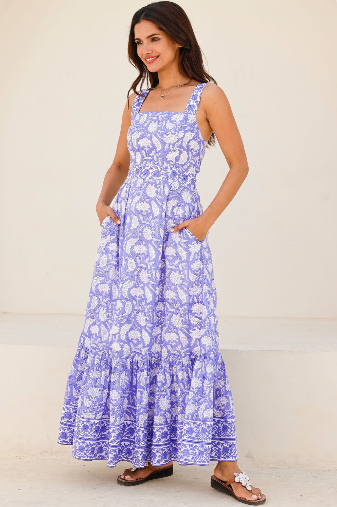 Aurelia Organic Cotton Block Print Dress - Iris Blue & White | Boho Chic Summer Dress for Women | Perfect for Beach, Vacation & Casual Outings