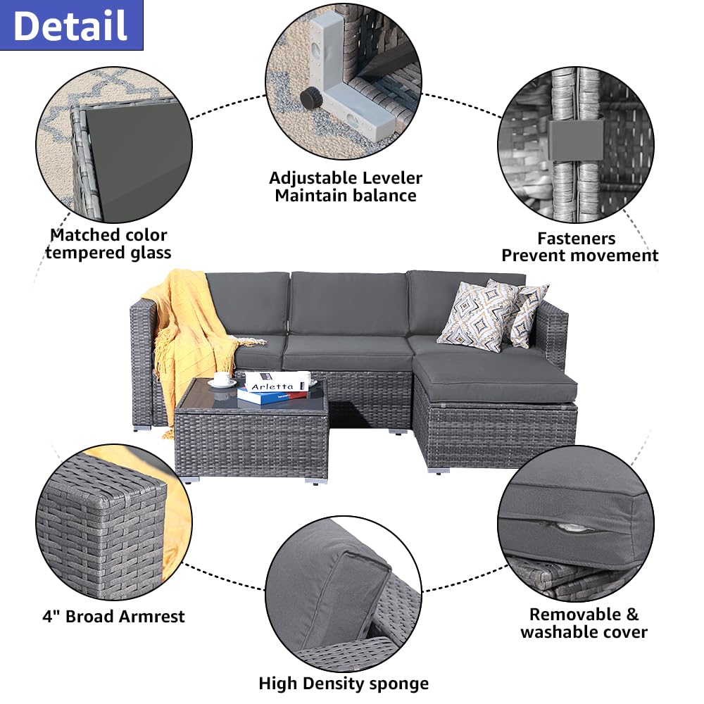 Patiorama 5-Piece Outdoor Patio Furniture Set - All-Weather Grey PE Wicker Sectional with Dark Grey Cushions - Perfect for Backyard, Porch, Garden, Poolside & Balcony - Durable Outdoor Conversation Set for Relaxing & Entertaining