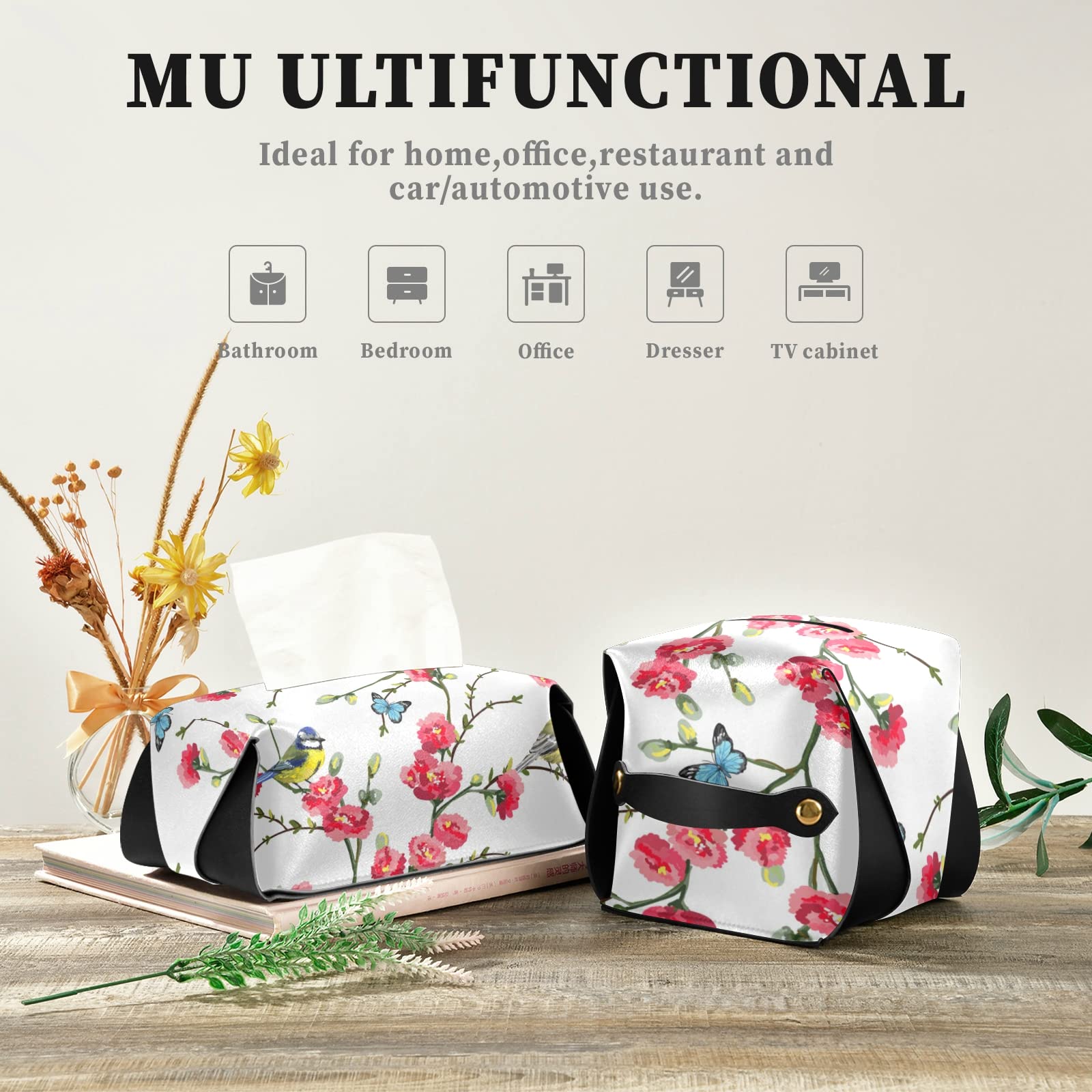 Japanese Style Spring Tree Branches with Red Flowers, Birds & Green Leaves - Rectangular Leather Tissue Box Cover with Handle for Bathroom, Home, Nightstand, Vanity, Office Desk & Car (5.7x5.7x5.7 inches) - Perfect for Home Decor, Gift Giving & Everyday Use