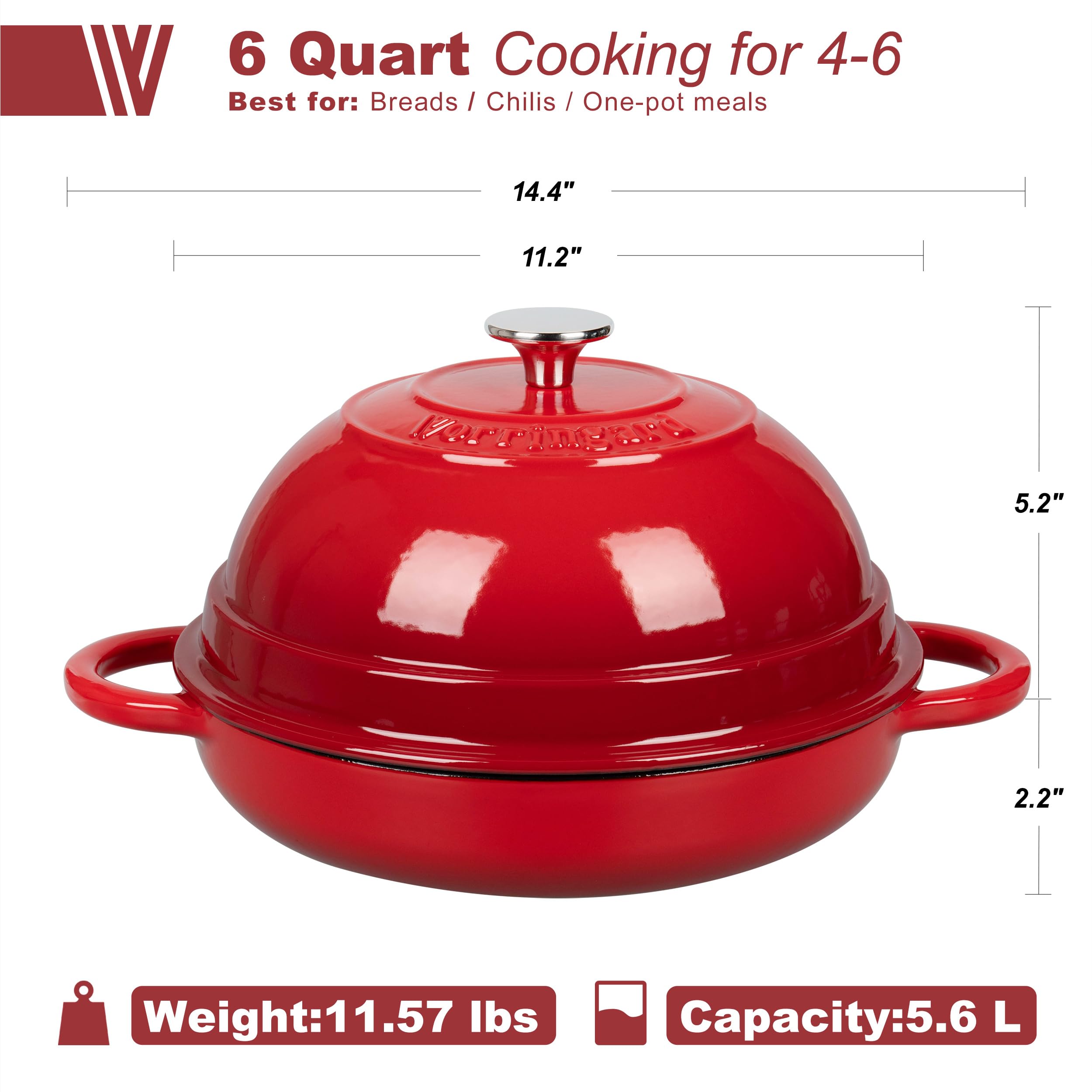 6 Quart Red Enameled Cast Iron Dutch Oven with Lid - Perfect for Bread Baking, Roasting & Slow Cooking - Ideal for Sourdough, Stews & Camping Meals