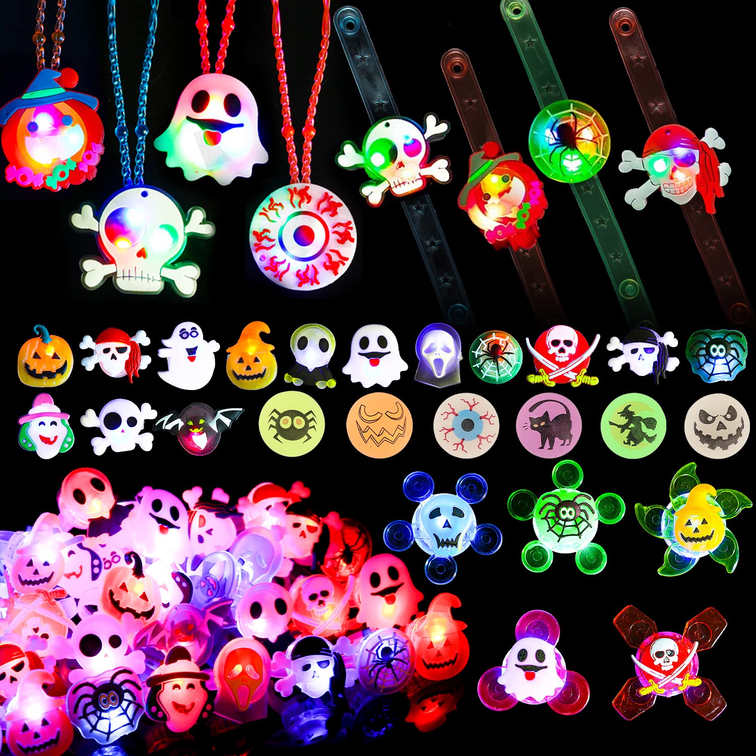 **57 PCS Halloween Party Favors for Kids - LED Flash Rings & Light Up Necklaces, Glow in the Dark Halloween Decorations & Toys, Perfect for Trick-or-Treating, Classroom Treats & Spooky Party Supplies**