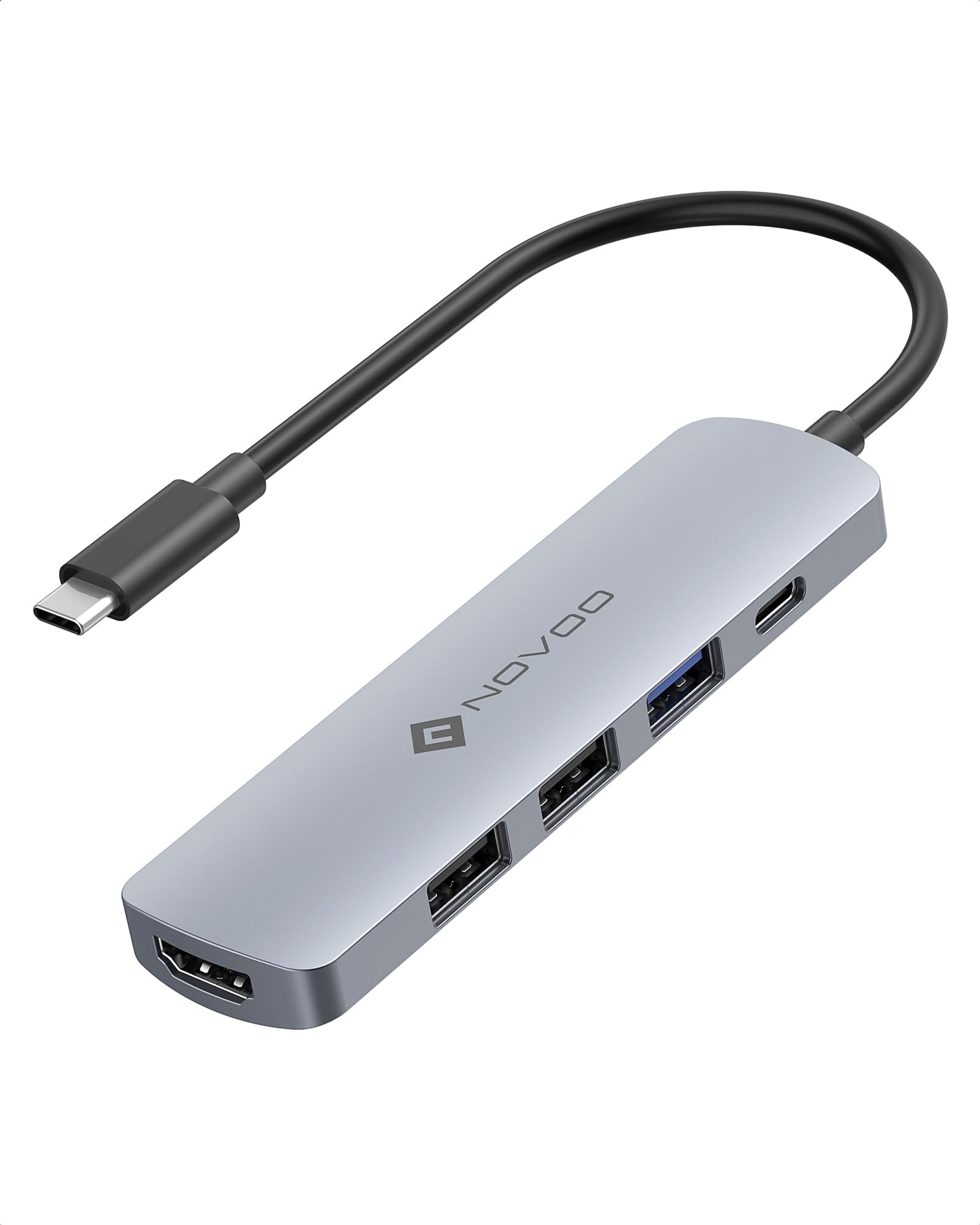NOVOO 5-in-1 USB C Hub with 4K HDMI, 100W PD, 3 USB-A Ports - Multiport Adapter for MacBook Pro/Air, Dell XPS, Lenovo ThinkPad - Perfect for Home Office, Video Conferencing & Multi-Device Charging (Gray)