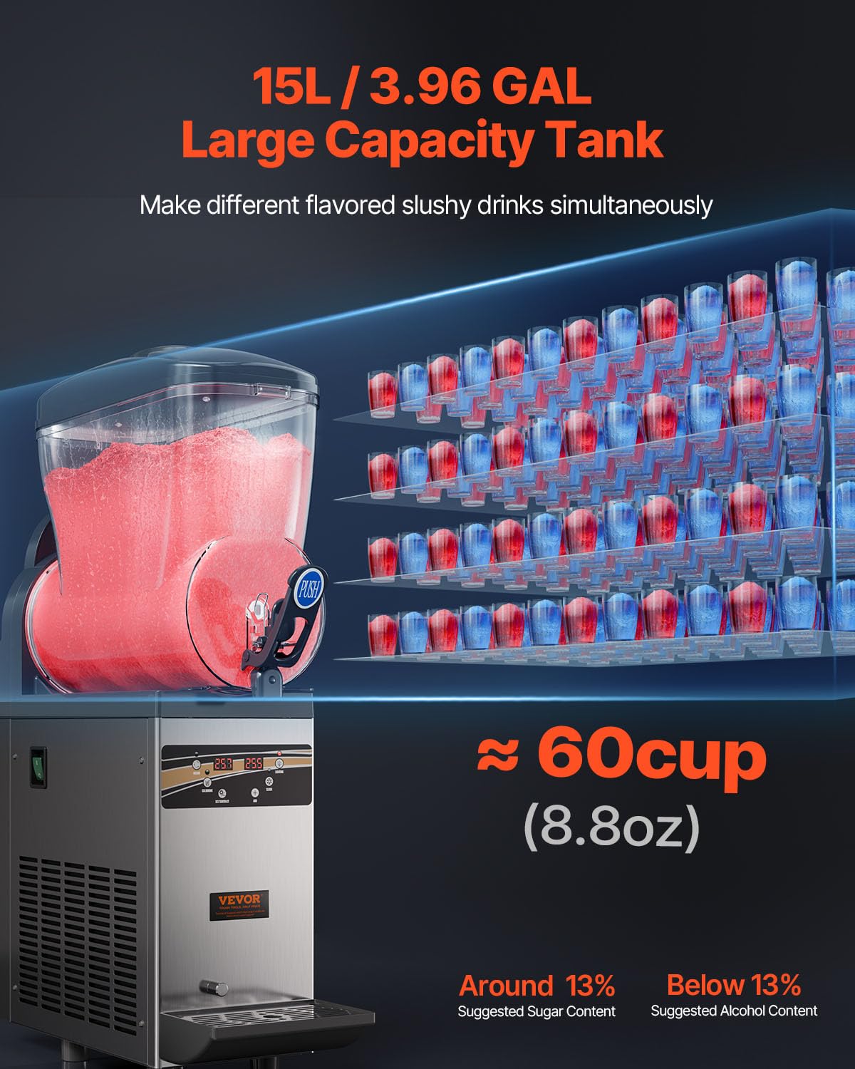 VEVOR 15L Commercial Margarita & Slushie Machine - Stainless Steel Frozen Drink Maker for Smoothies, Cocktails - Perfect for Home Parties, Restaurants, Cafes & Bars (60 Cups Capacity)