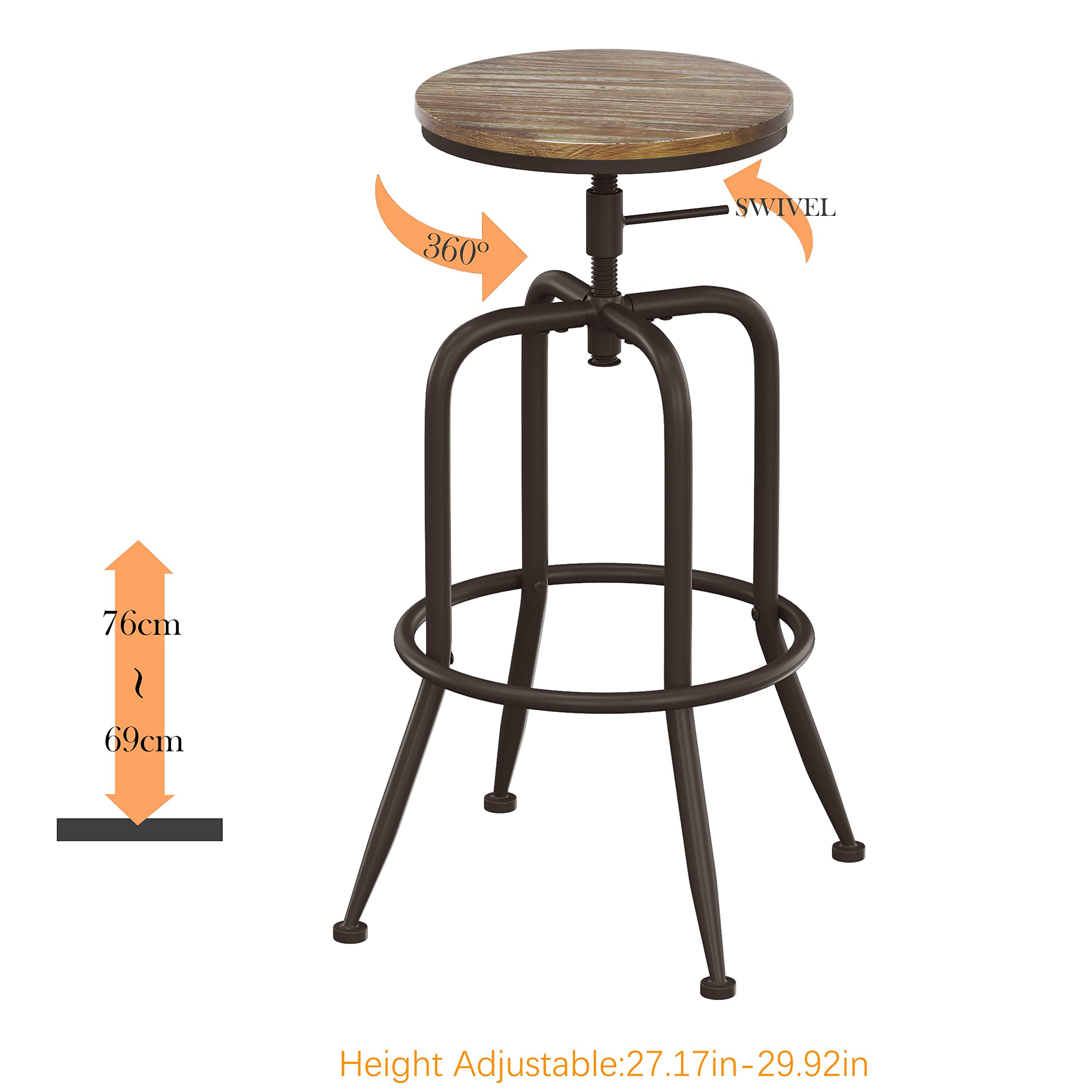 Industrial Bar Stools Set of 2 - Adjustable Height Metal Swivel Bar Stools with Footrest, 27-30 Inch Counter Height Bar Chairs for Kitchen Island, Coffee Bar & Home Pub - Heavy Duty & Space Saving Design