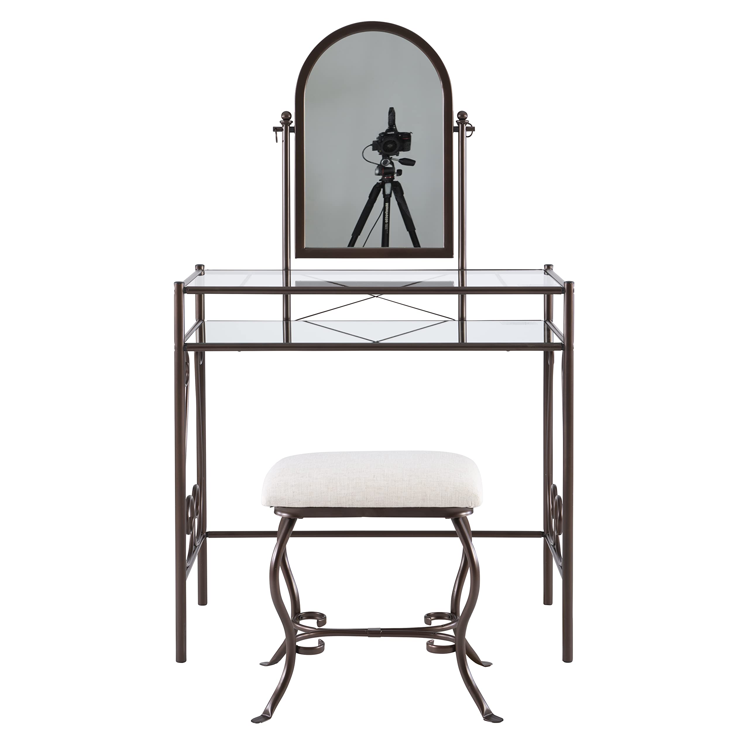 Linon Clarisse Vanity Set - Dark Metal Dressing Table with Upholstered Stool, 52.4 x 31.8 x 18.3 Inches - Perfect for Bedroom Makeup & Jewelry Organization