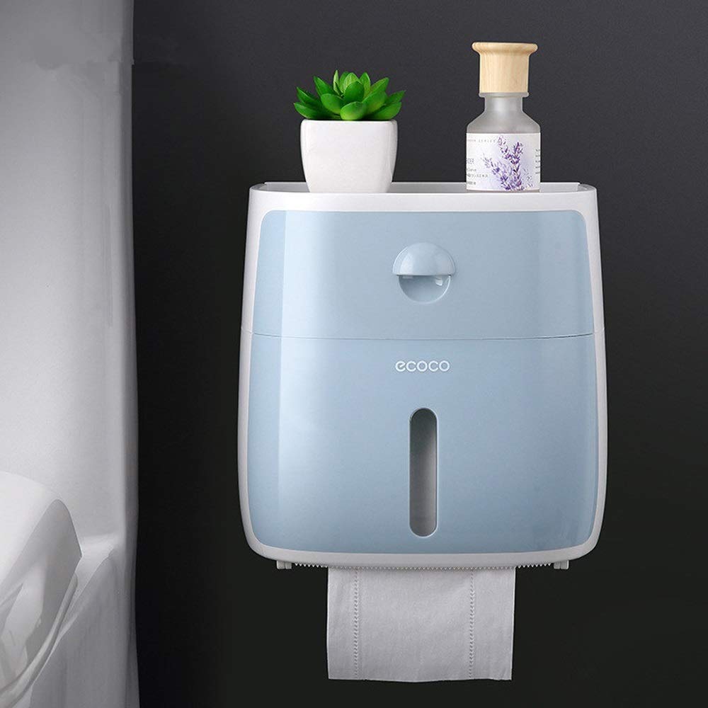 ABS Plastic Toilet Paper Holder - Wall Mounted No Drill Bathroom Tissue Storage Box | Waterproof Toilet Paper Dispenser for Bathroom & RV | Space Saving Design (Blue)