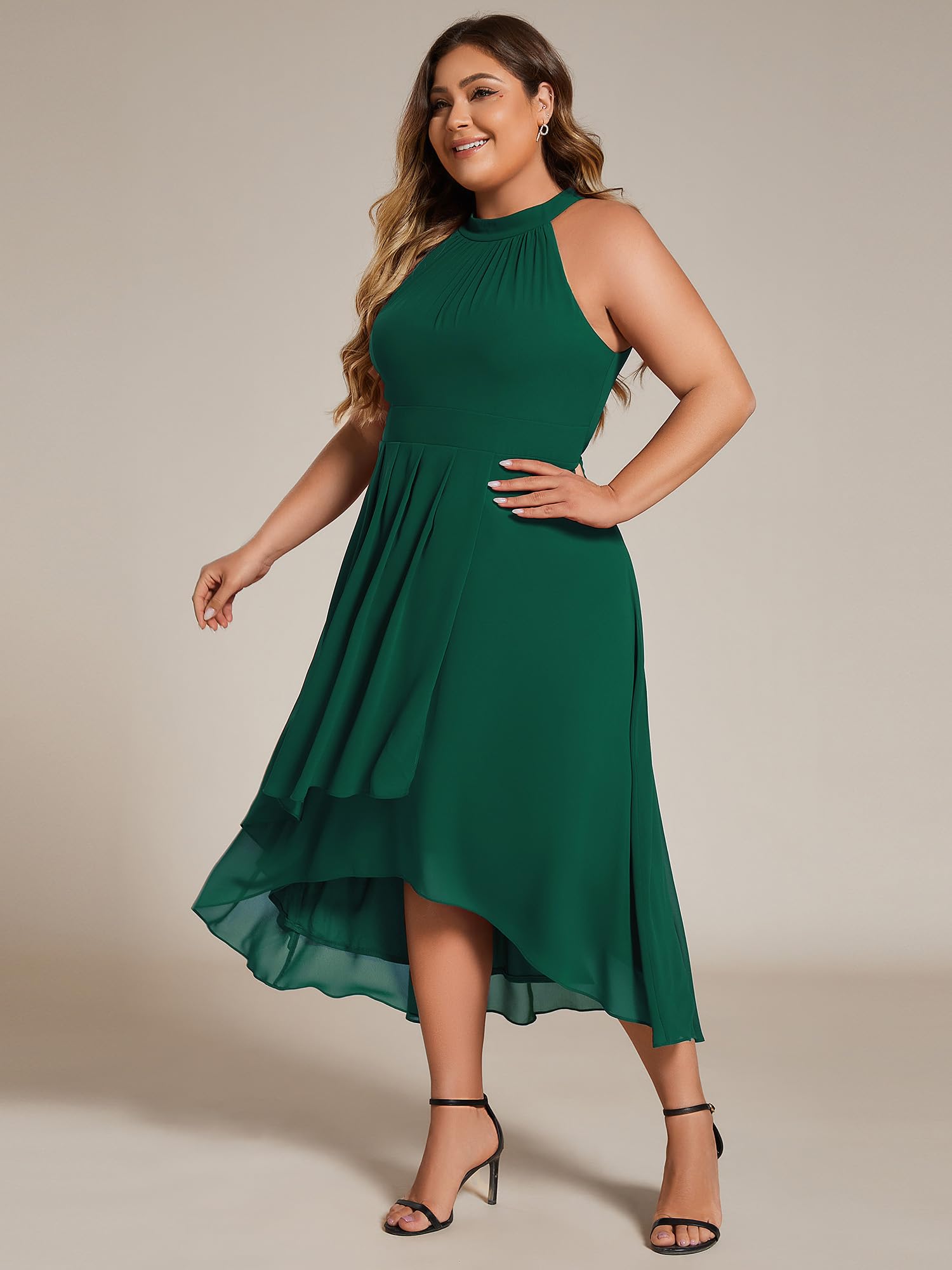 Ever-Pretty Plus Size Women's Sleeveless Halter A-Line Pleated High-Low Wedding Guest Dress 31926-DA | Elegant Formal Occasion & Special Event Attire