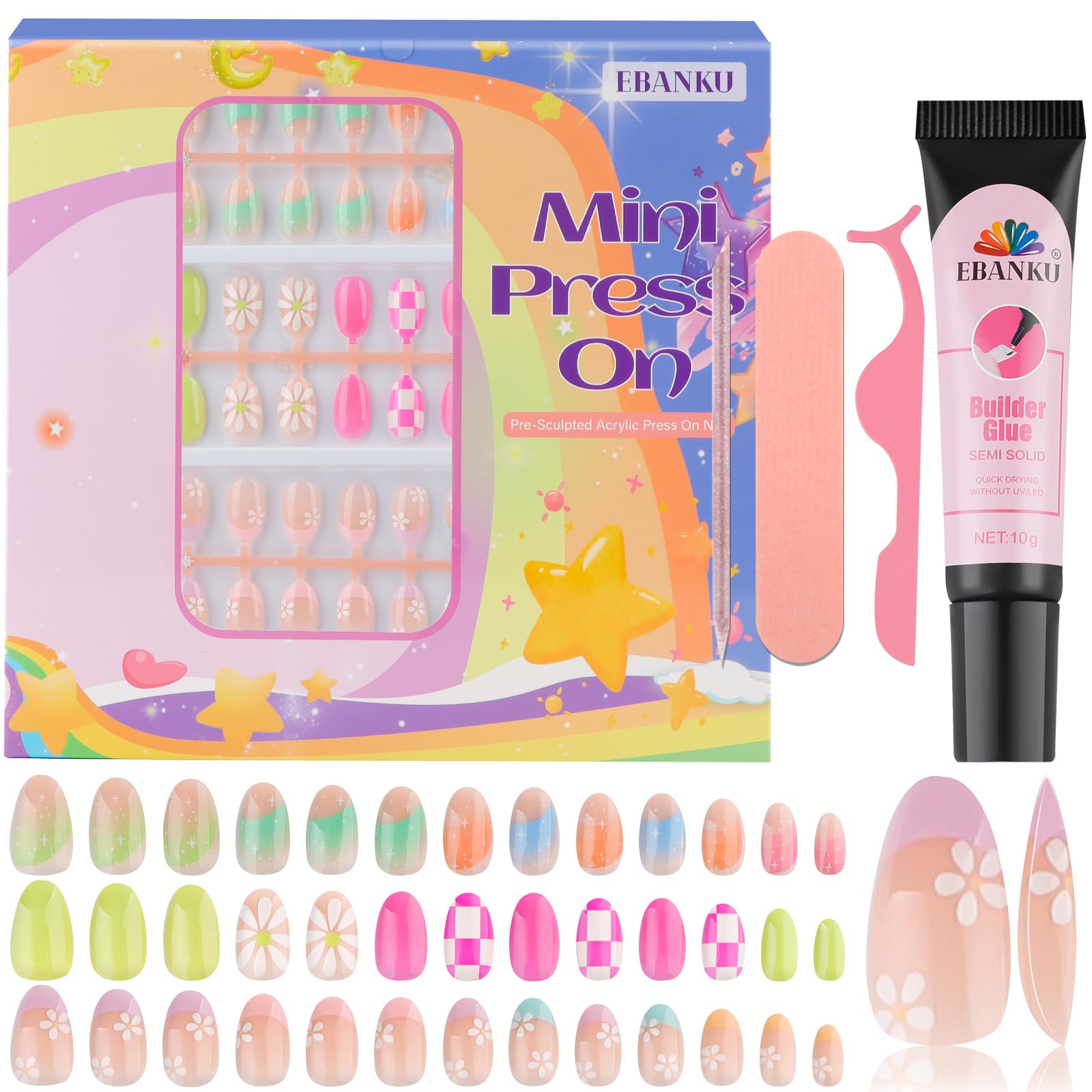 EBANKU 78 Pieces Press on Nails for Kids - 3 Pack Colorful Flower Fake Nail Kit with Jelly Adhesives & Nail Glue for Girls 8-12 Years | Perfect for Birthday Parties, Playdates & DIY Nail Art Fun