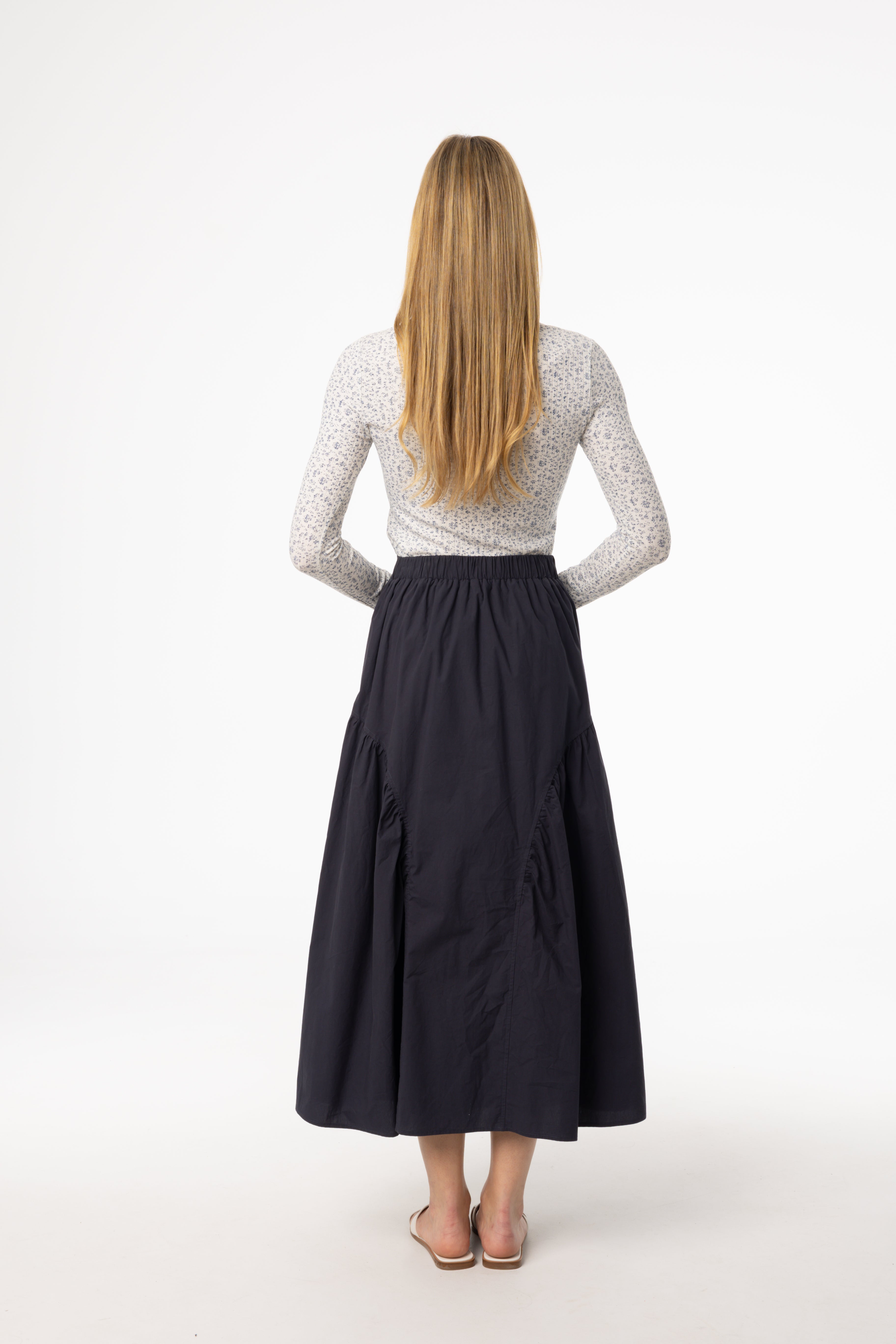Navy Blue Circle Seam Skirt for Women - Flowy A-Line Midi Skirt with Elastic Waistband - Perfect for Casual Outfits, Office Wear & Summer Dresses
