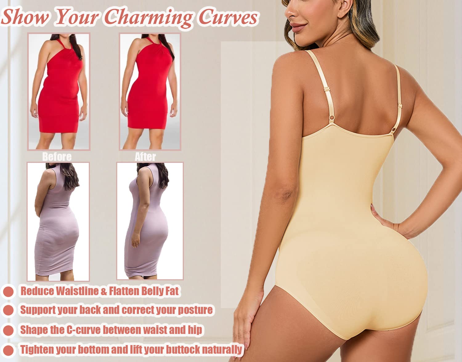 Hioffer Women's Tummy Control Shapewear Bodysuit - Seamless Slimming Full Body Shaper with V-Neck for Everyday Wear, Special Occasions & Postpartum Recovery