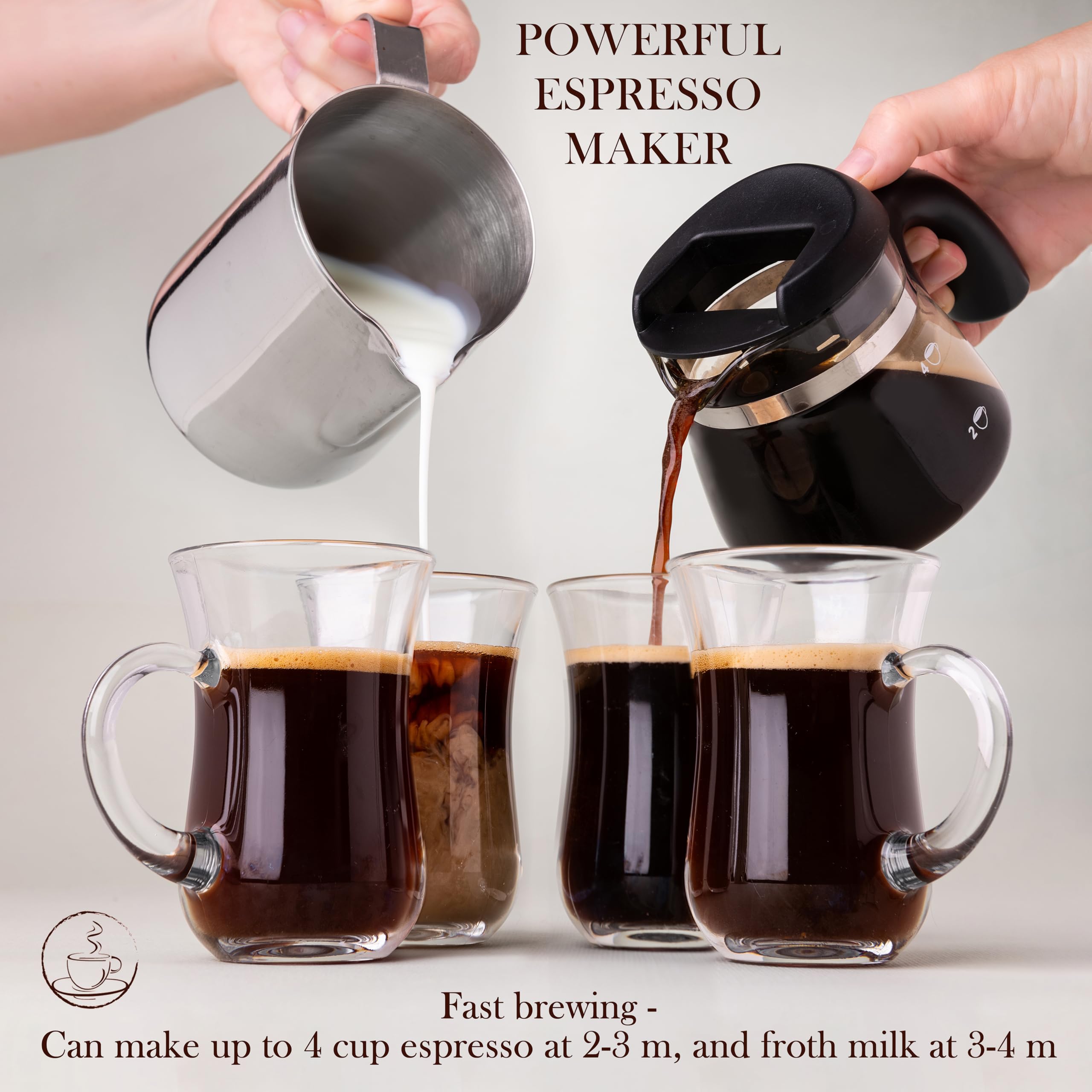 Mixpresso 3.5 Bar Espresso Machine with Milk Frother - 800W Coffee Maker for Espresso, Cappuccino & Latte - 4 Cup Capacity with Glass Carafe - Perfect for Home, Office & Coffee Shops