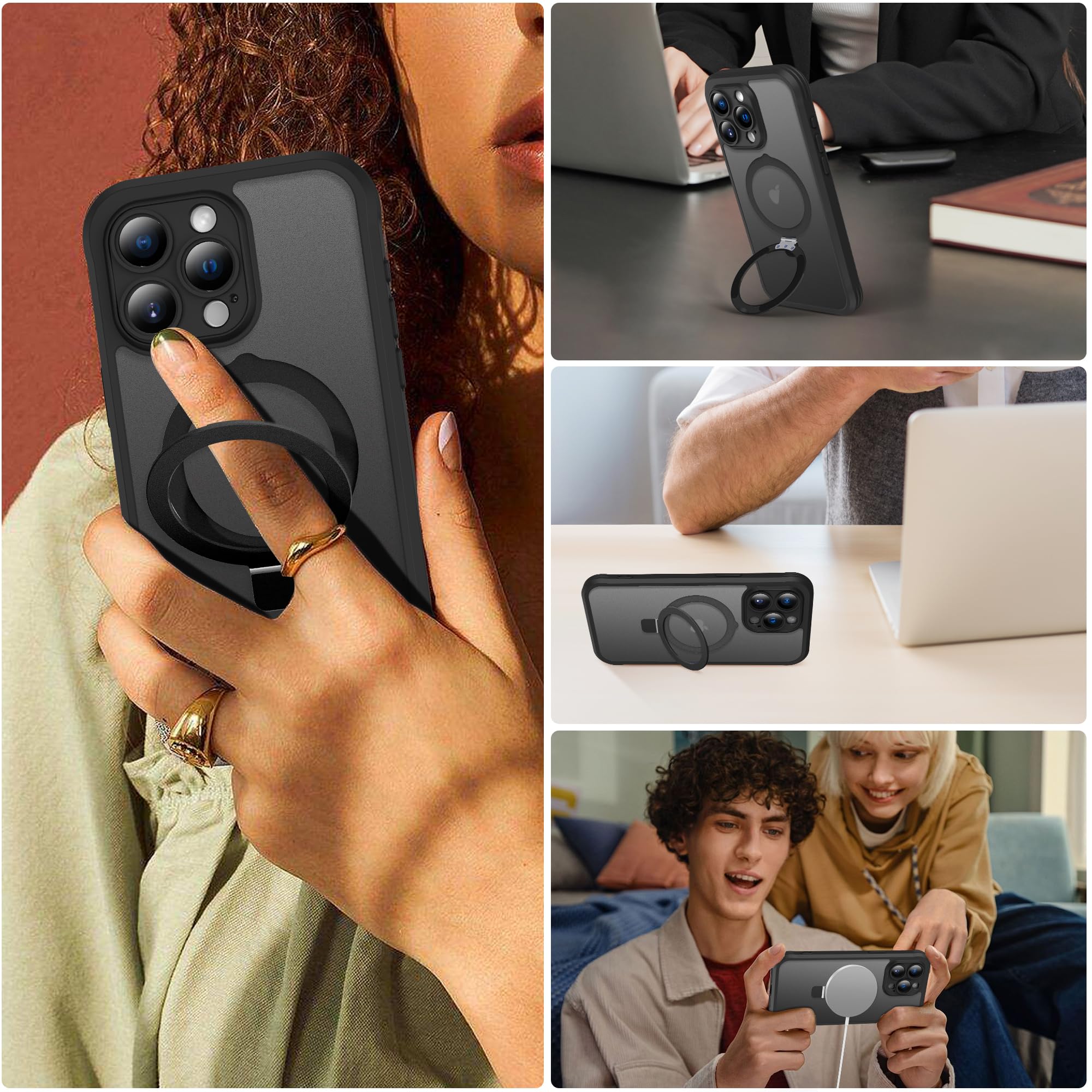 Magnetic Shockproof iPhone 15 Pro Max Case with Invisible Stand | MagSafe Compatible Translucent Matte Cover | Built-in Screen Protector for Men & Women | Perfect for Work, Travel & Outdoor Activities - Black