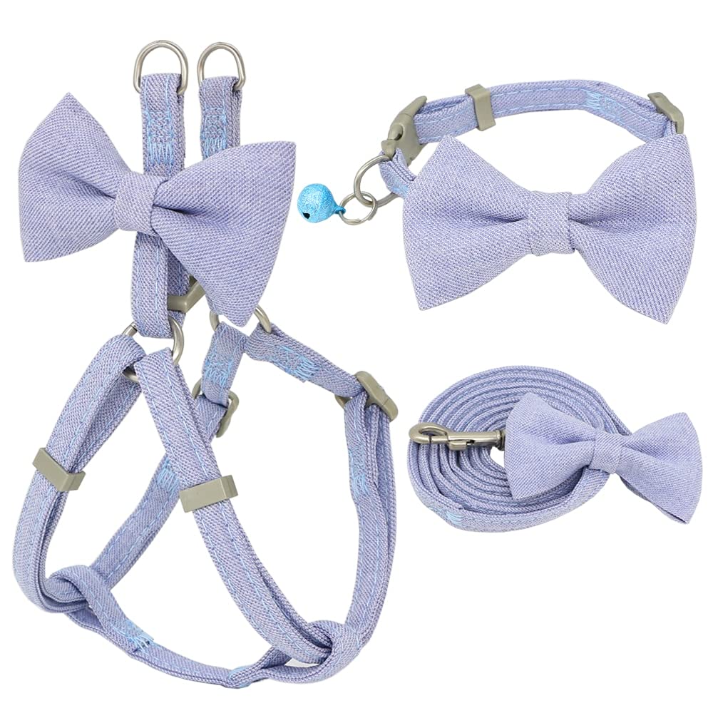 Adjustable Soft Cute Bow Dog Collar & Leash Set - Double-Layer Pet Harness for Small & Medium Dogs (1.0cm, Blue) - Perfect for Outdoor Walking, Training & Daily Use