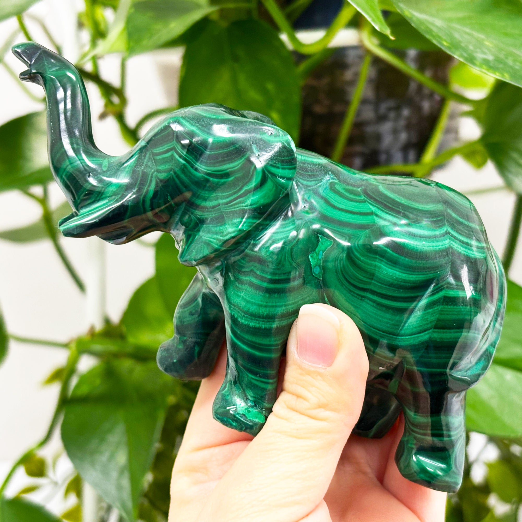 Hand Carved Malachite Elephant Figurine - Natural Gemstone Crystal Sculpture | Healing Stone Statue for Feng Shui, Energy Balancing & Home Decor | Perfect for Meditation Spaces, Office Desks & Gift Giving