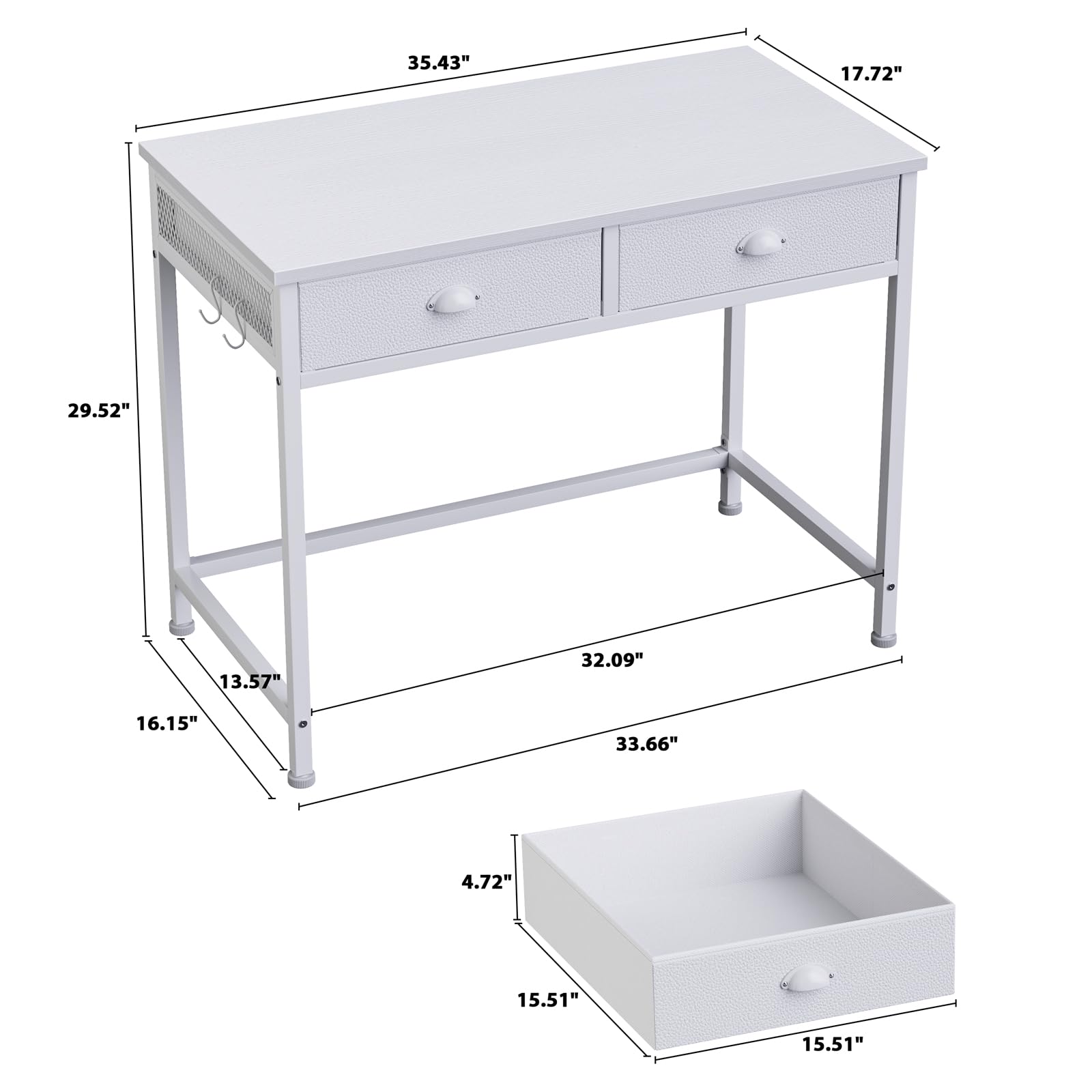 Furologee 36 Inch White Small Computer Desk with 2 Fabric Drawers - Simple Home Office Writing Desk, Vanity Desk with Hooks - Study Desk for Bedroom, Small Spaces - Perfect for Remote Work, Online Classes & Home Office Setup