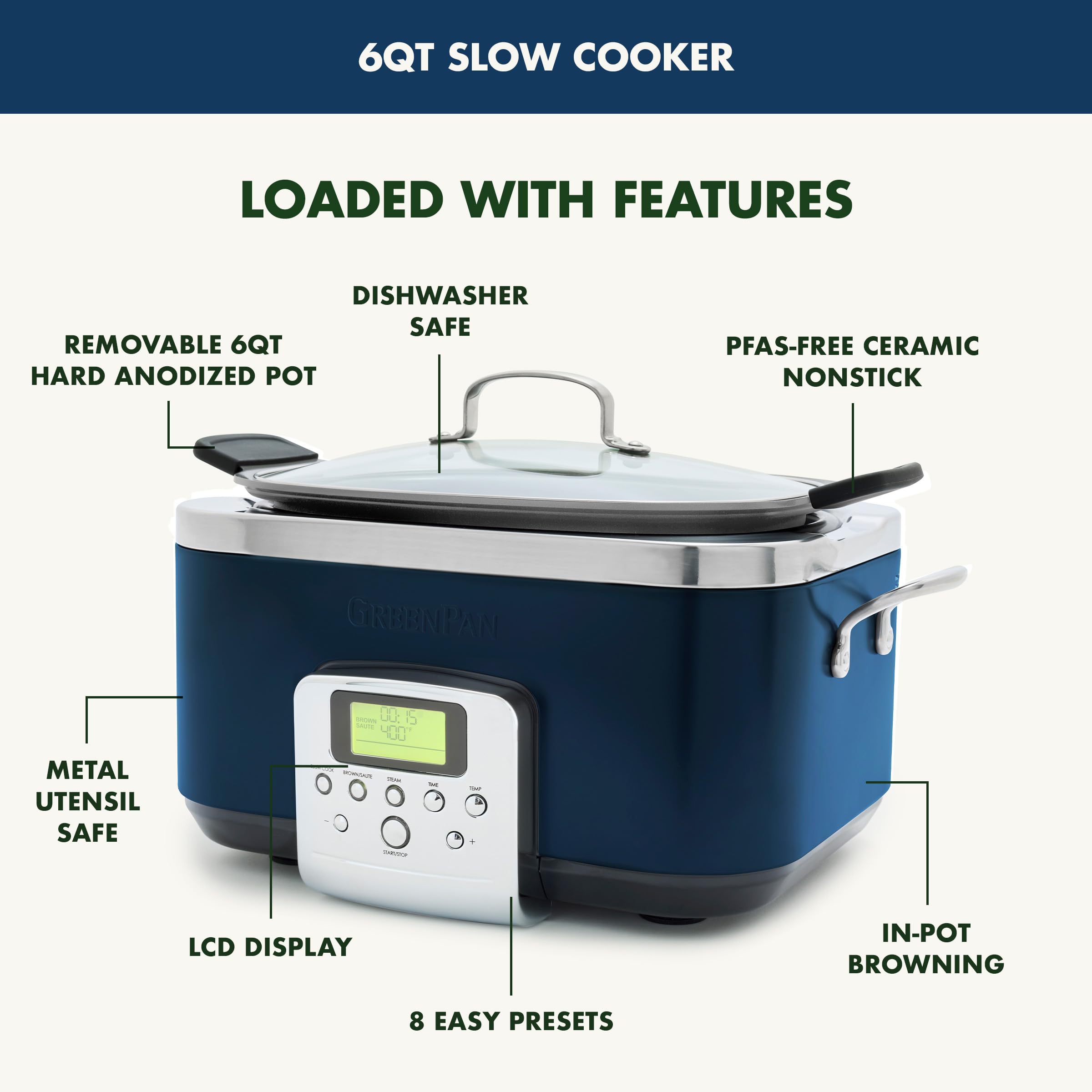 GreenPan Elite 8-in-1 Programmable 6QT Electric Slow Cooker with Dishwasher Safe Lid & Removable Crock - PFAS-Free Healthy Ceramic Nonstick Multi-Cooker for Searing, Sautéing, Steaming, Roasting - Perfect for Family Dinners & Meal Prep (Oxford Blue)