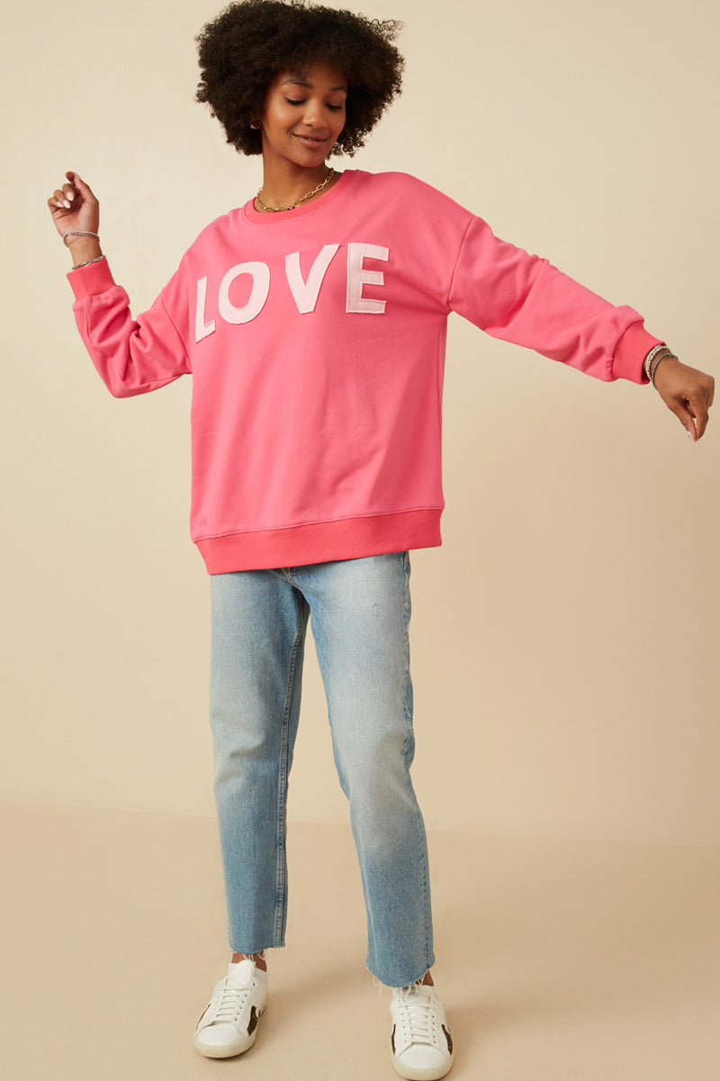 Women's Love Patched French Terry Sweatshirt - Cozy Pullover with Embroidered Heart Design for Casual Wear & Loungewear