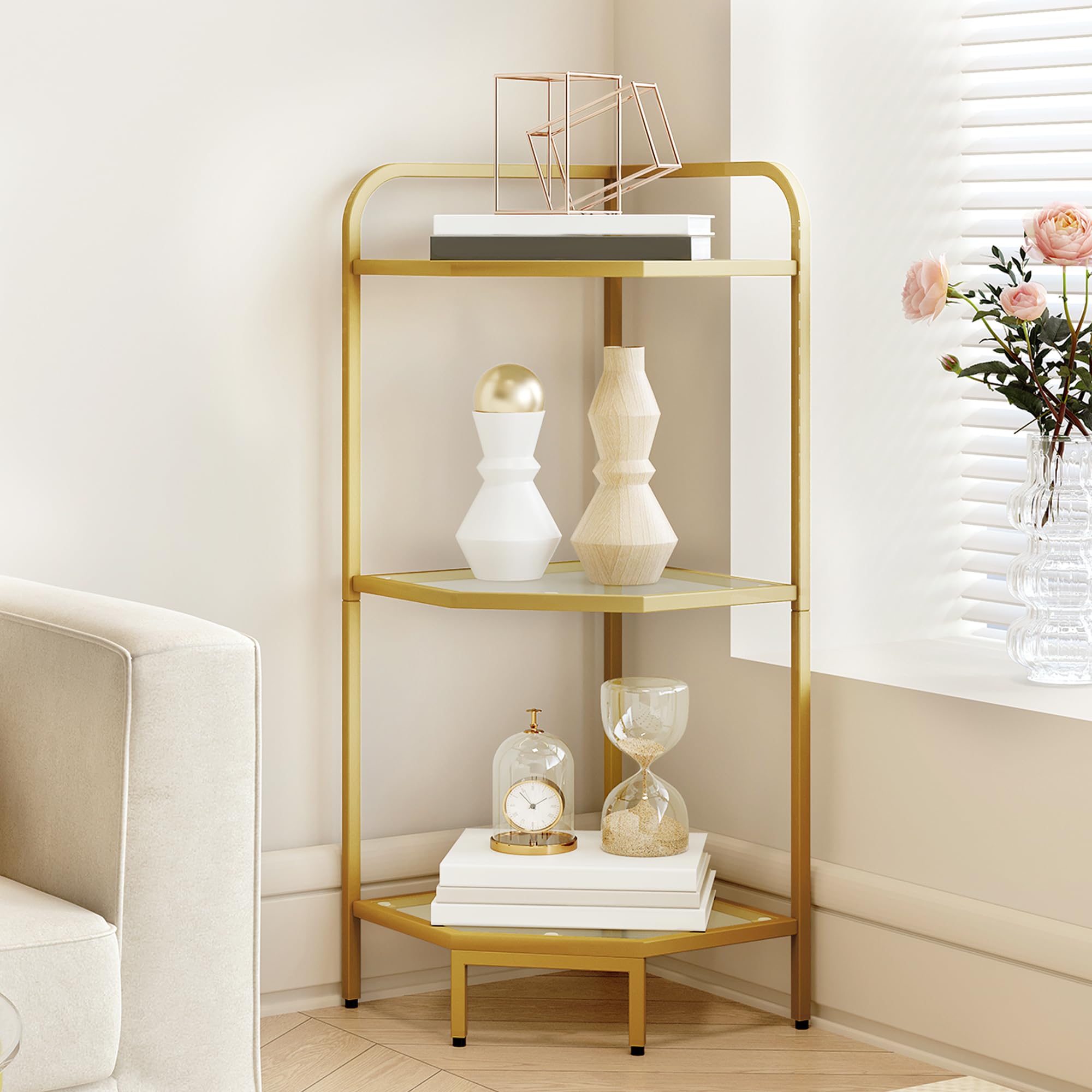 Modern 3-Tier Golden Corner Shelf Stand - Steel Frame & Tempered Glass Bookcase, Bathroom Organizer & Plant Stand - Perfect for Living Room, Kitchen, Bathroom Storage & Home Decor