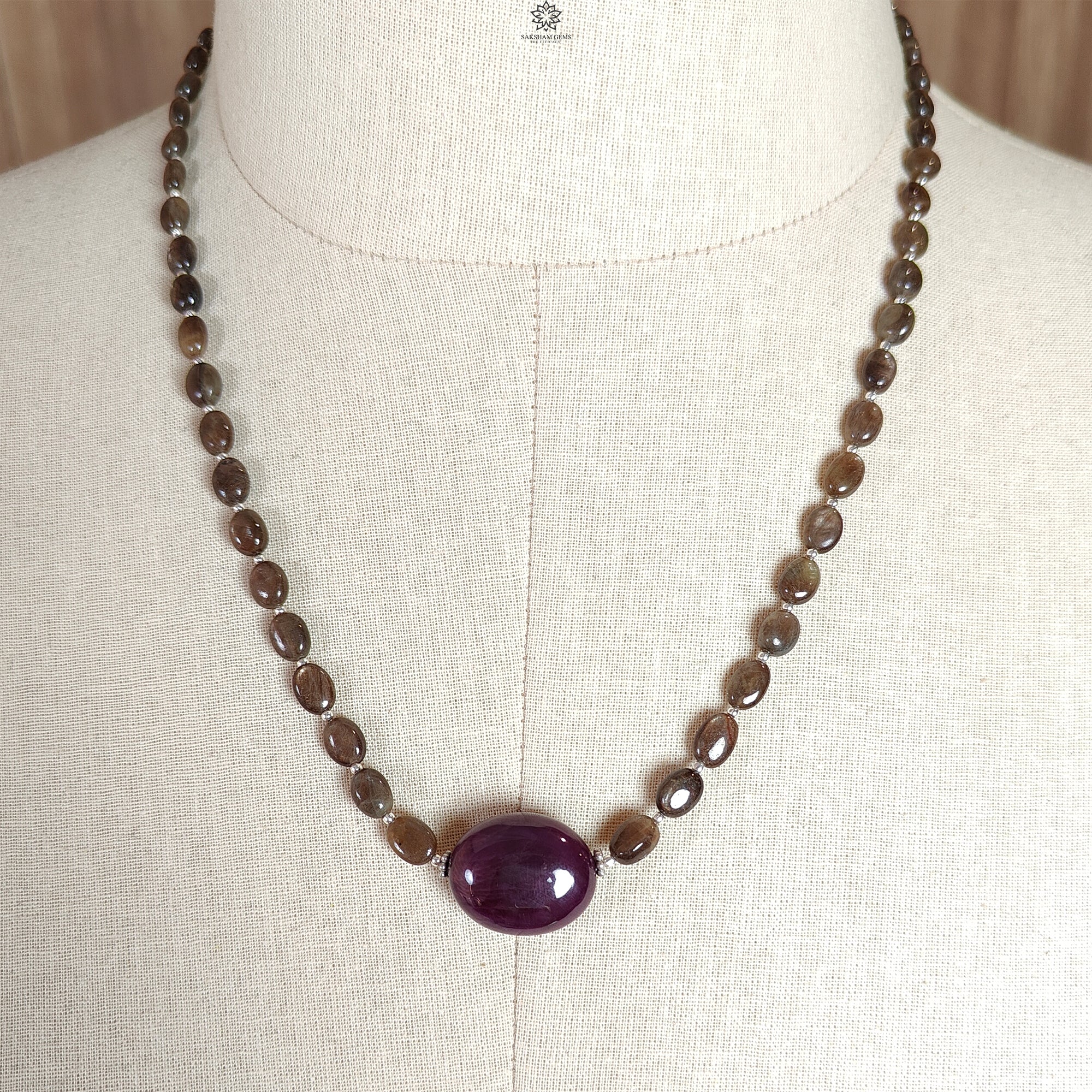 Golden Chocolate Sapphire Gemstone Beads Necklace - 28.11g Natural Ruby & Sapphire Oval 925 Sterling Silver Jewelry (6x5mm, 8x6mm, 20