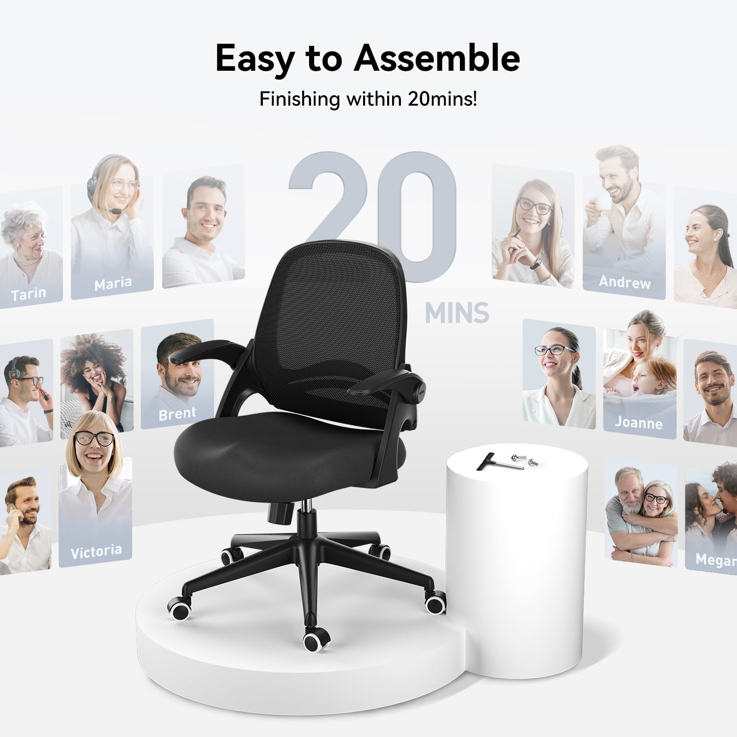 Hbada Ergonomic Office Chair with Flip-Up Armrests & Saddle Cushion - Adjustable Swivel Mesh Computer Desk Chair with S-Shaped Backrest, Black - Perfect for Home Office, Gaming & Workspace Comfort