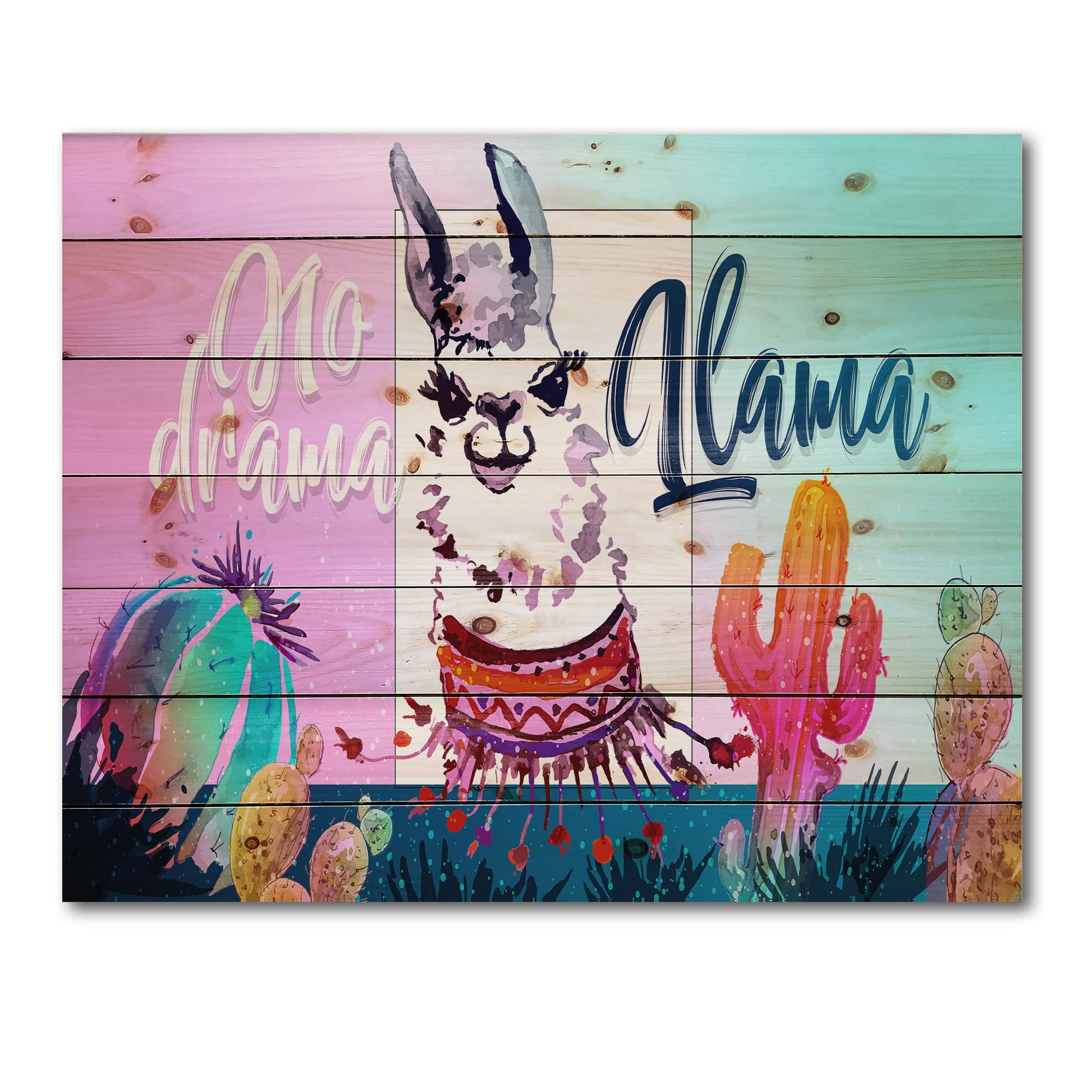 No Drama Llama Wood Wall Art for Kids - Pink Animal Decor, Large Printed Pine Wood Panel - Perfect for Nursery, Playroom & Children's Bedroom Decor