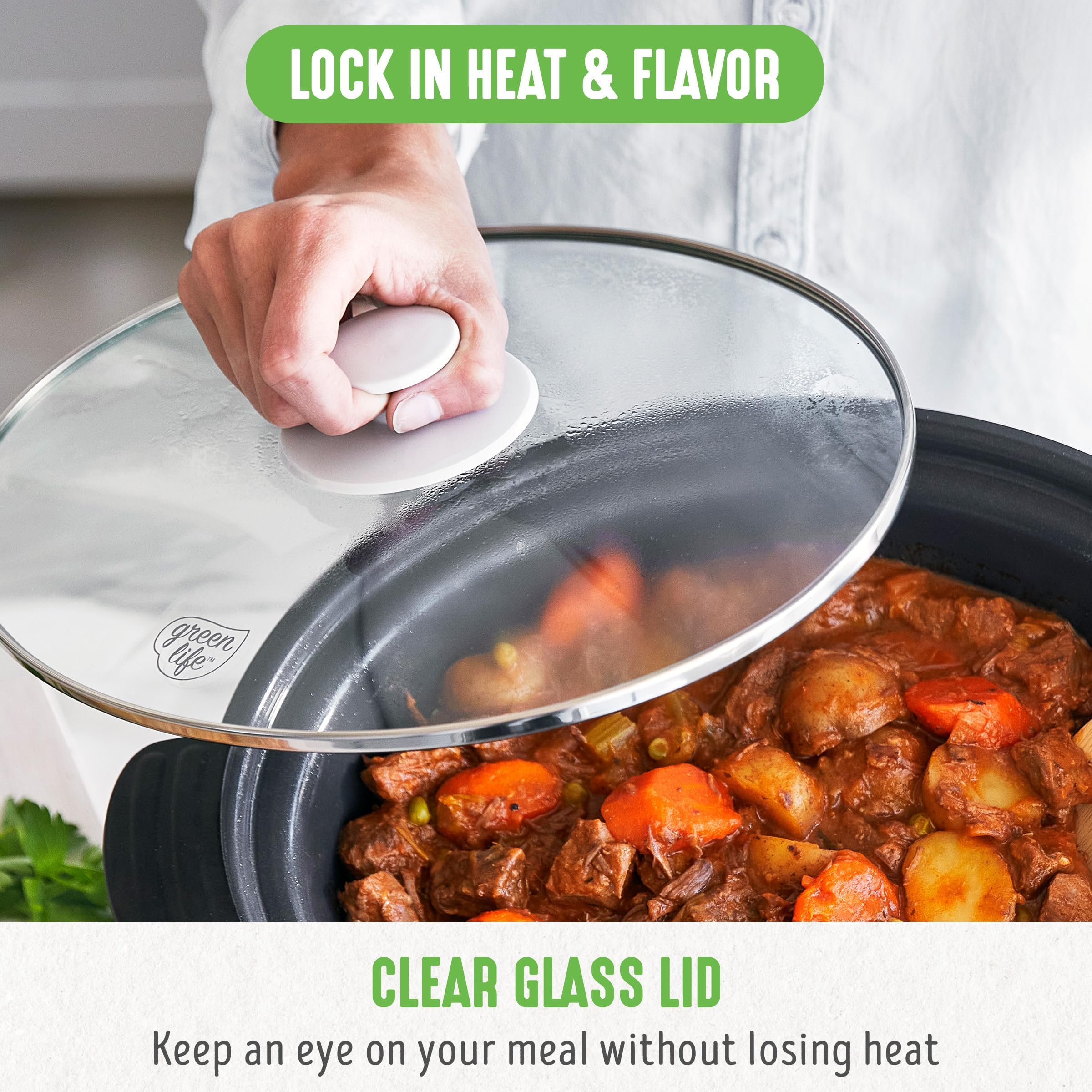 GreenLife 6 Quart Ceramic Slow Cooker - PFAS-Free, Programmable Crock Pot with Removable Nonstick Pot, Digital Timer & Stovetop Sear Function | Perfect for Large Families, Meal Prep, Soups, Stews & Holiday Gatherings | Dishwasher Safe Glass Lid & White Crock