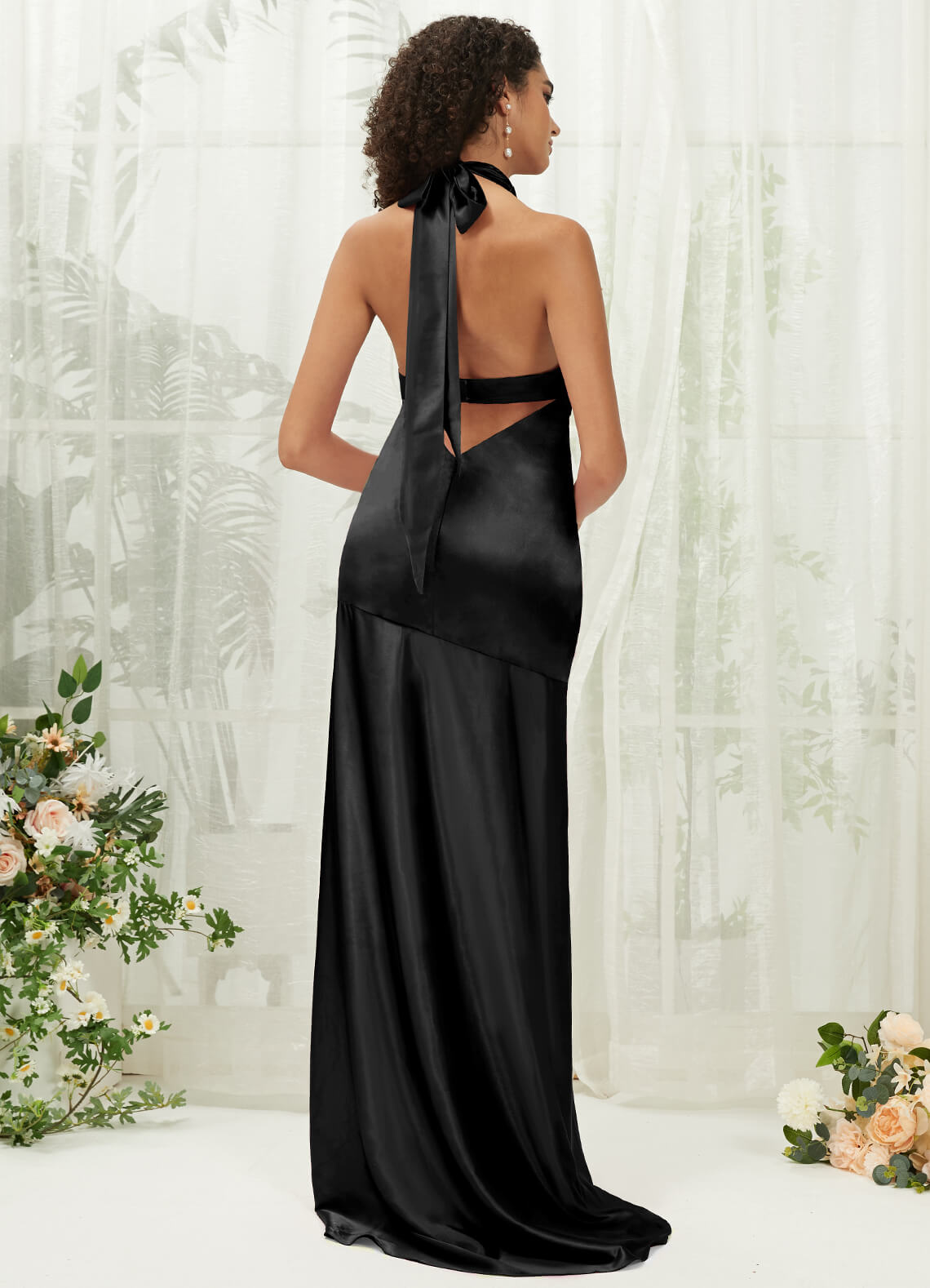 Elegant Black Satin Halter Neck Sleeveless Maxi Bridesmaid Dress with High Slit - Perfect for Weddings, Formal Events & Evening Parties