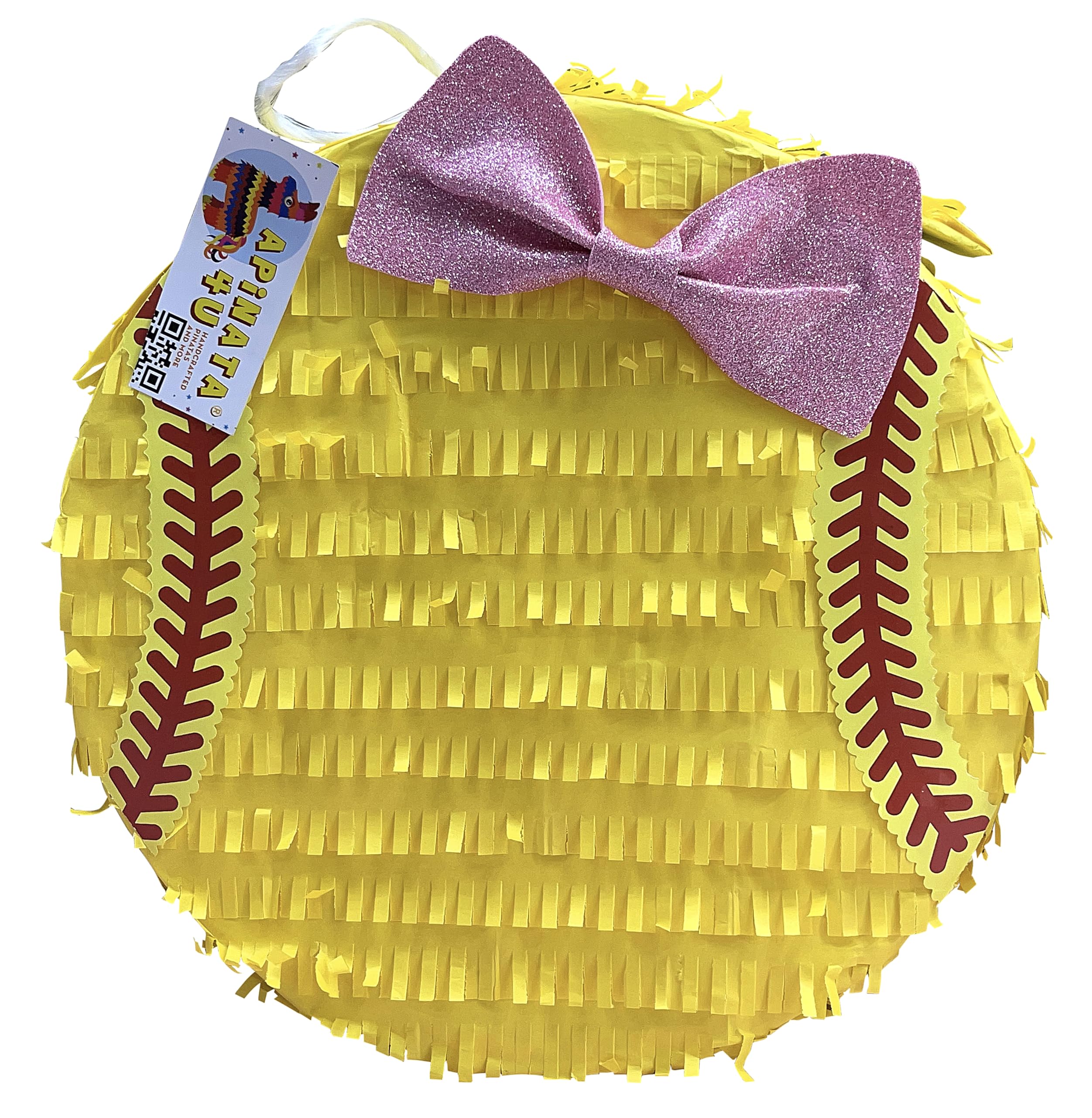 2-D Yellow Softball Piñata with Glittery Pink Bow Accent - 16 Inch Party Decor for Birthday, Sports Theme Celebration & Kids Events