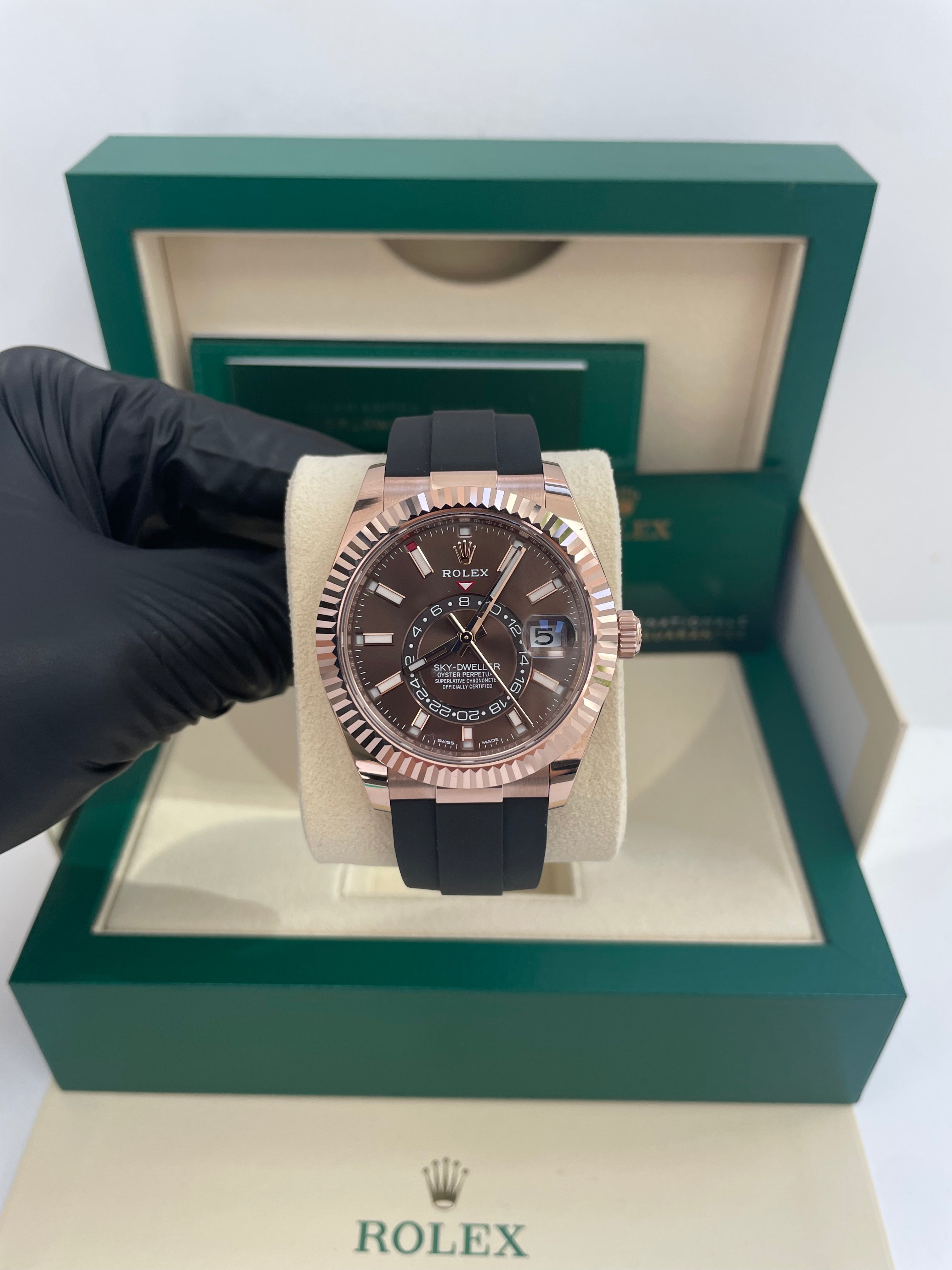 Rolex Sky-Dweller 42mm Rose Gold Watch with Chocolate Index Dial & Oysterflex Bracelet (Ref #326235) - Luxury Timepiece for Business Travelers & Watch Collectors