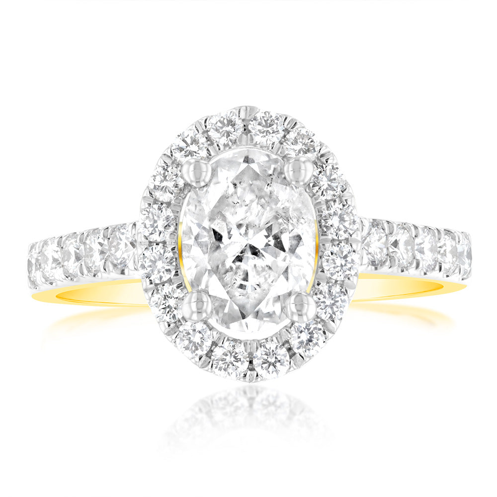 1.50 Carat Diamond Ring with 1 Carat Oval Center & 1/2 Carat Round Diamond Halo in 18K Yellow Gold - Elegant Engagement, Wedding, Anniversary Gift for Her