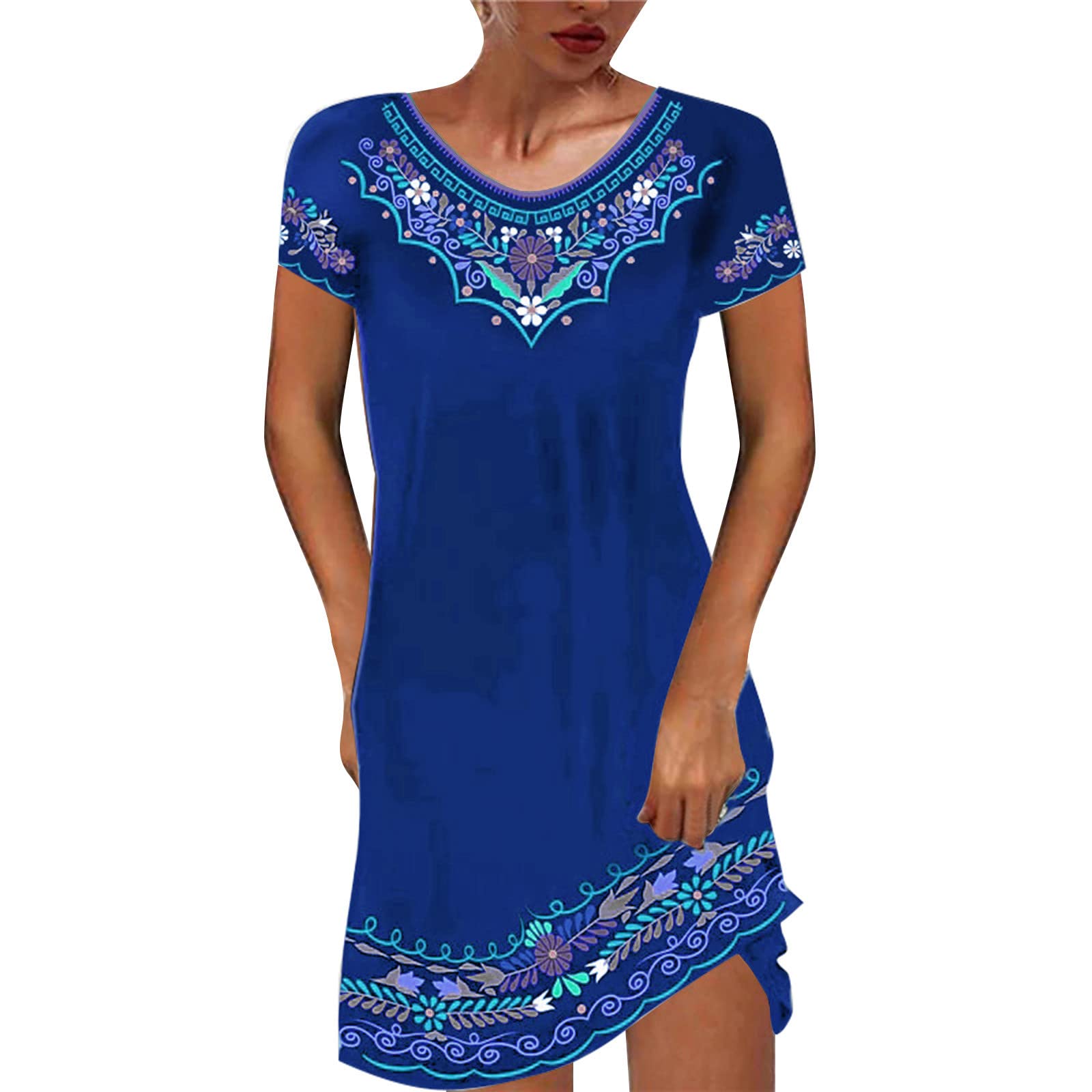 Floral V-Neck Short Sleeve Summer Dress for Women - Boho Tribal Print Casual Maxi Dress - Plus Size Beachwear & Vacation Outfit