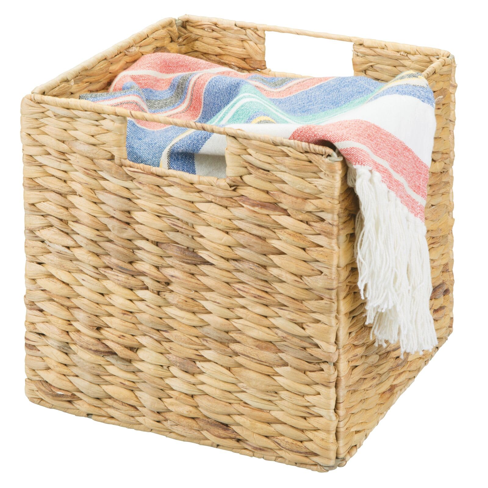 mDesign Natural Woven Hyacinth Cube Organizer Basket with Handles - 4 Pack Storage Bins for Bathroom, Laundry Room, Nursery & Cubby Units - Perfect for Organizing Blankets, Books & Home Essentials | Space-Saving Home Decor Solution
