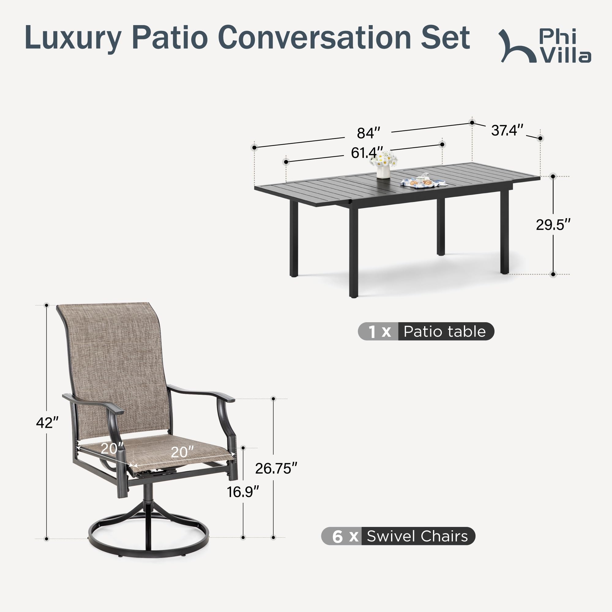 PHI VILLA 7-Piece Outdoor Patio Dining Set with 6 High-Back Swivel Chairs & Extendable Metal Table - Seats 6-8 People - Perfect for Garden, Lawn, Backyard, and Poolside Entertaining